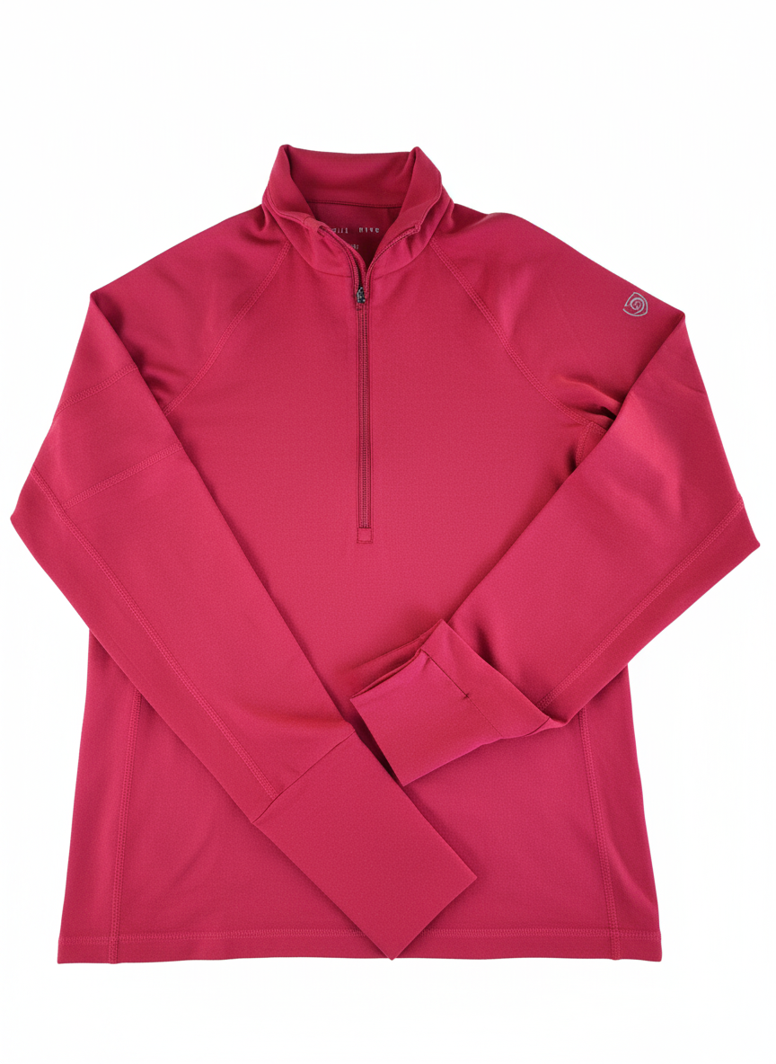 Foudy Mid-Weight Long Sleeve half-zip top in raspberry red, with a smooth performance fabric, stand collar and long sleeves.