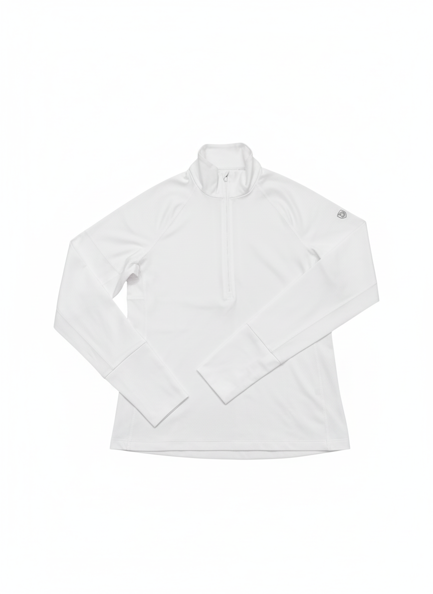 Foudy Mid-Weight Long Sleeve quarter-zip top in white, with long sleeves, a stand collar and subtle upper-arm detail