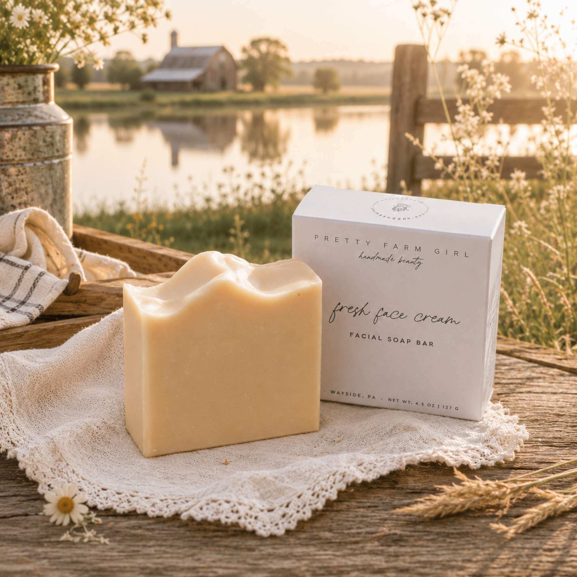Fresh Face Cream Facial Bar, cream-colored handmade soap with a smooth finish and matching box
