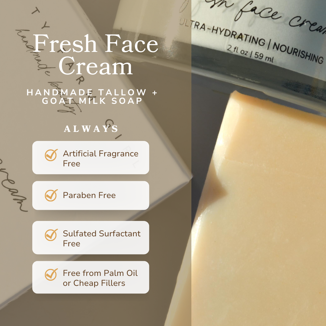 Fresh Face Cream Facial Bar, pale cream goat milk soap with a smooth, nourishing tallow formula and boxed packaging