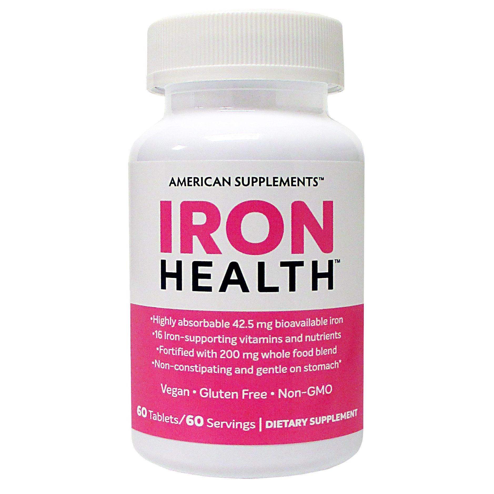 White bottle of Full B-vitamin complex Iron Health dietary supplement with pink and black text on label, vegan and gluten free
