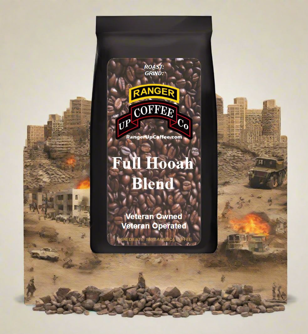 Full Hooah Blend coffee in a matte black bag with a brown coffee-bean pattern and bold white lettering