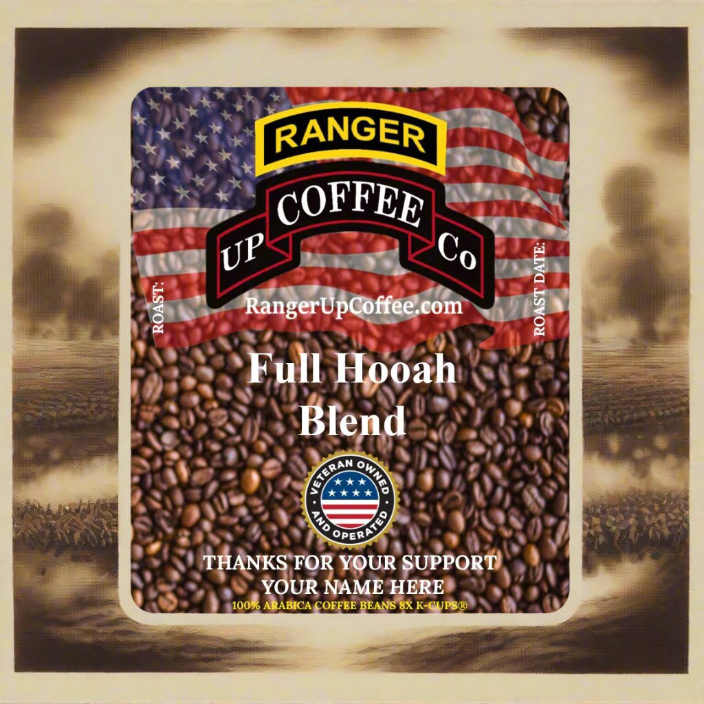 Full Hooah Blend coffee package with brown coffee bean pattern, American flag design, and yellow Ranger Coffee logo