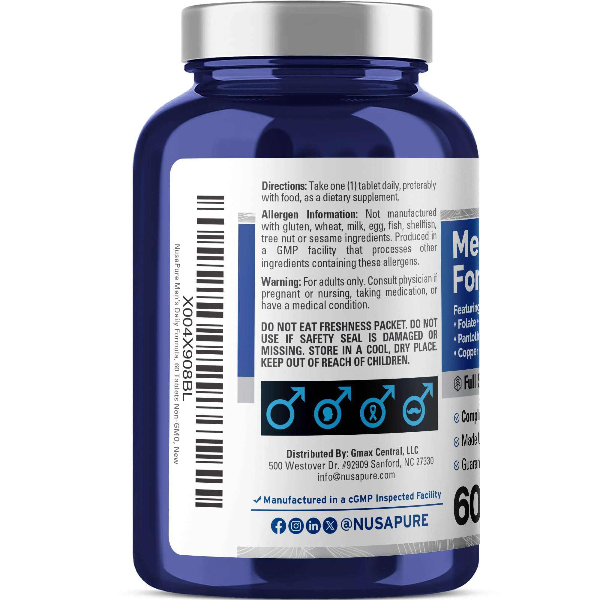 Full Spectrum Multivitamin bottle in blue with silver lid featuring allergen and usage information for men