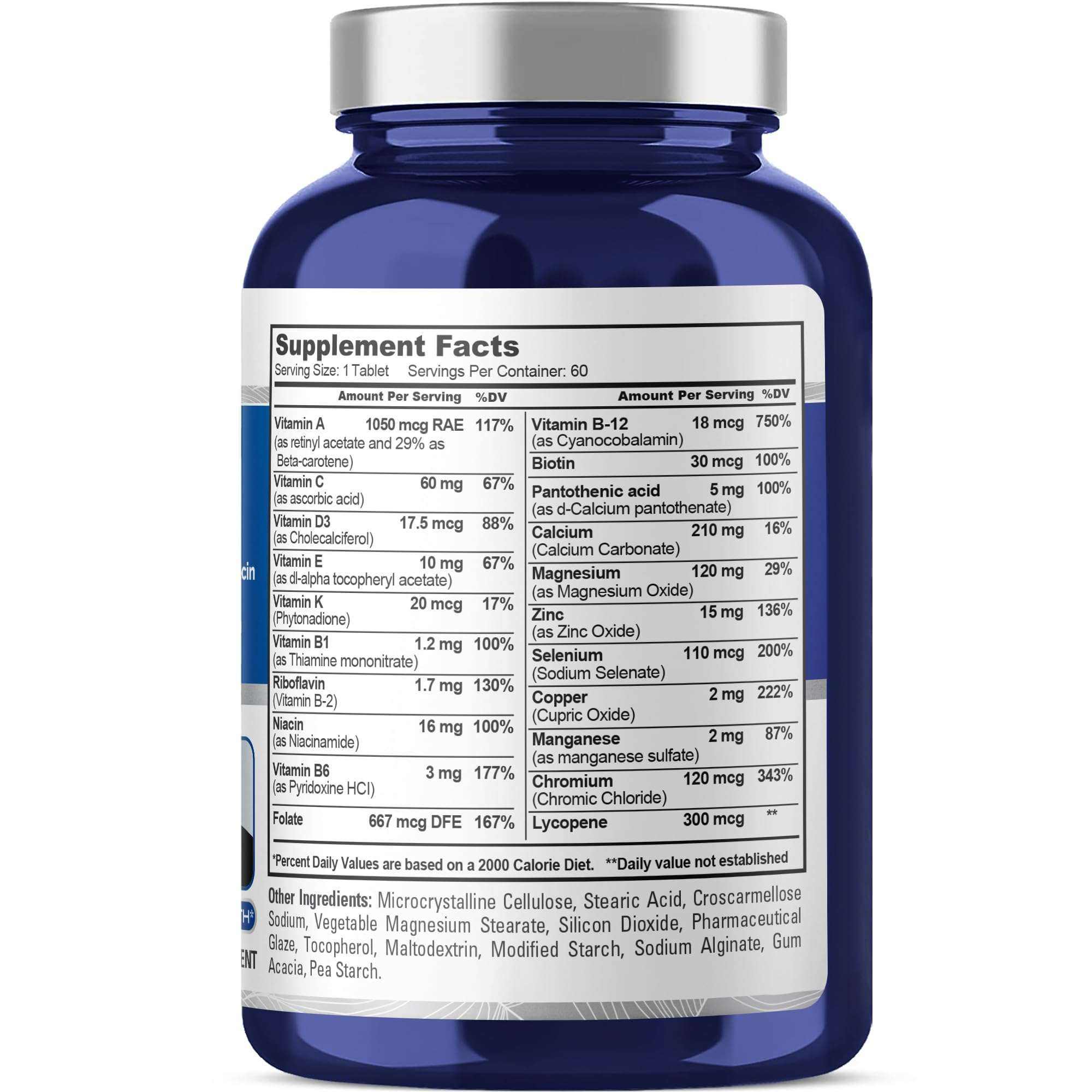 Full Spectrum Multivitamin bottle showing detailed supplement facts with vitamins A, C, D, E, K, B-complex, minerals, and lycopene