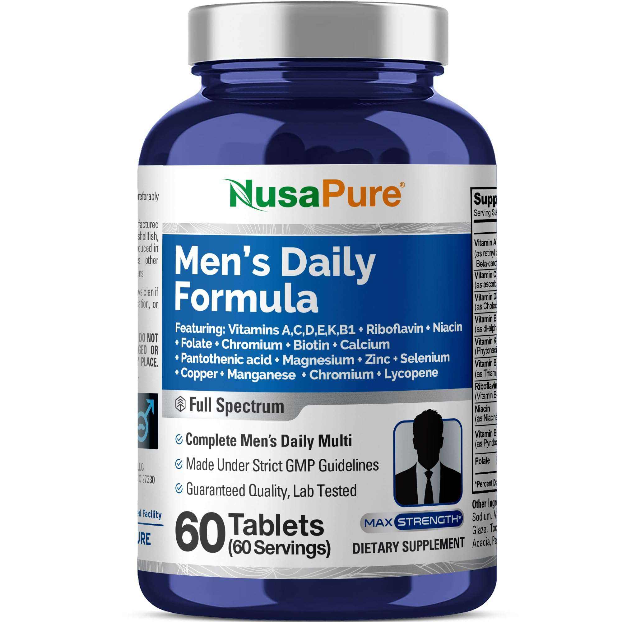 NusaPure Men’s Daily Formula Full Spectrum Multivitamin in blue bottle with silver cap, containing 60 tablets for men