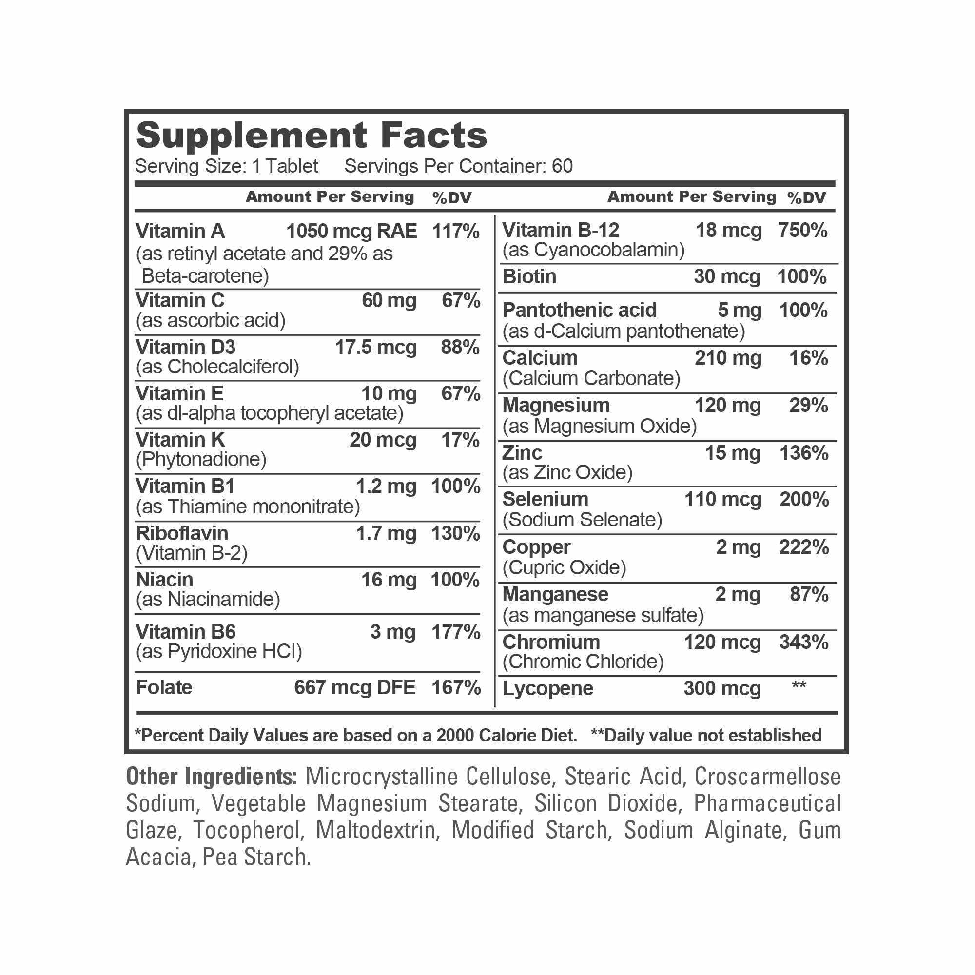 Full Spectrum Multivitamin supplement facts label showing detailed vitamin and mineral content per tablet, including Vitamin A, C, D3, E, K, B-complex, folate, biotin, minerals, and lycopene