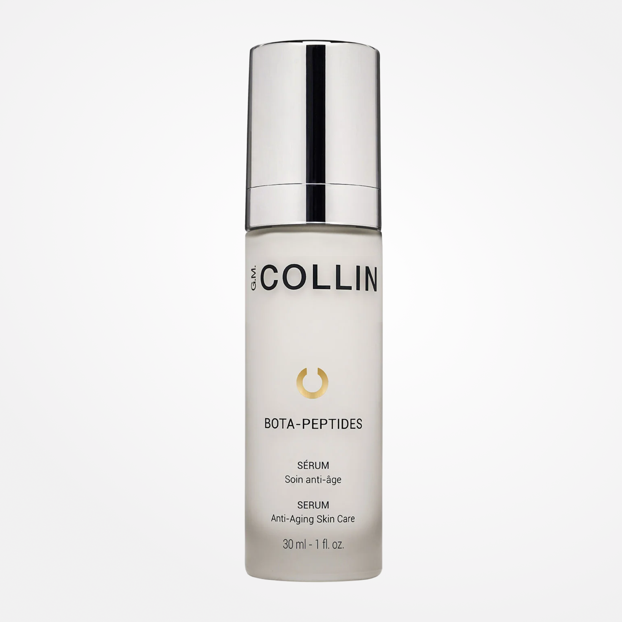 G.M. COLLIN Bota-Peptides Serum in a frosted white bottle with a reflective silver cap and gold emblem
