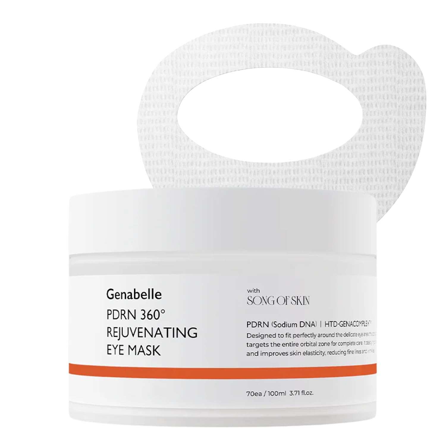 Genabelle PDRN 360 Rejuvenating Eye Mask in white container with textured gel sheet, designed for full eye contour coverage and skin renewal.
