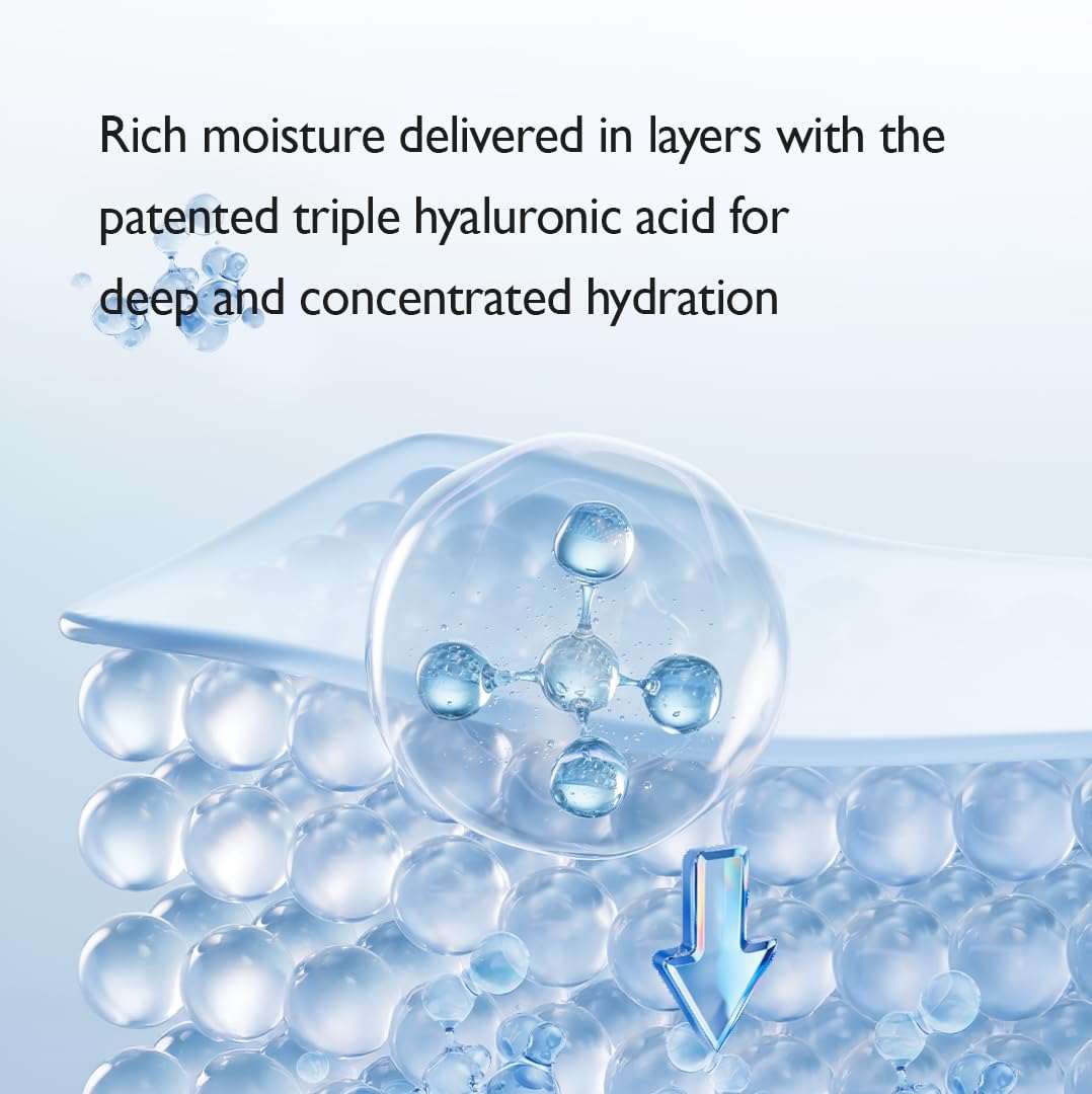 Genabelle PDRN 360 Rejuvenating Eye Mask with transparent gel texture and illustrated blue hyaluronic acid molecules for hydration.