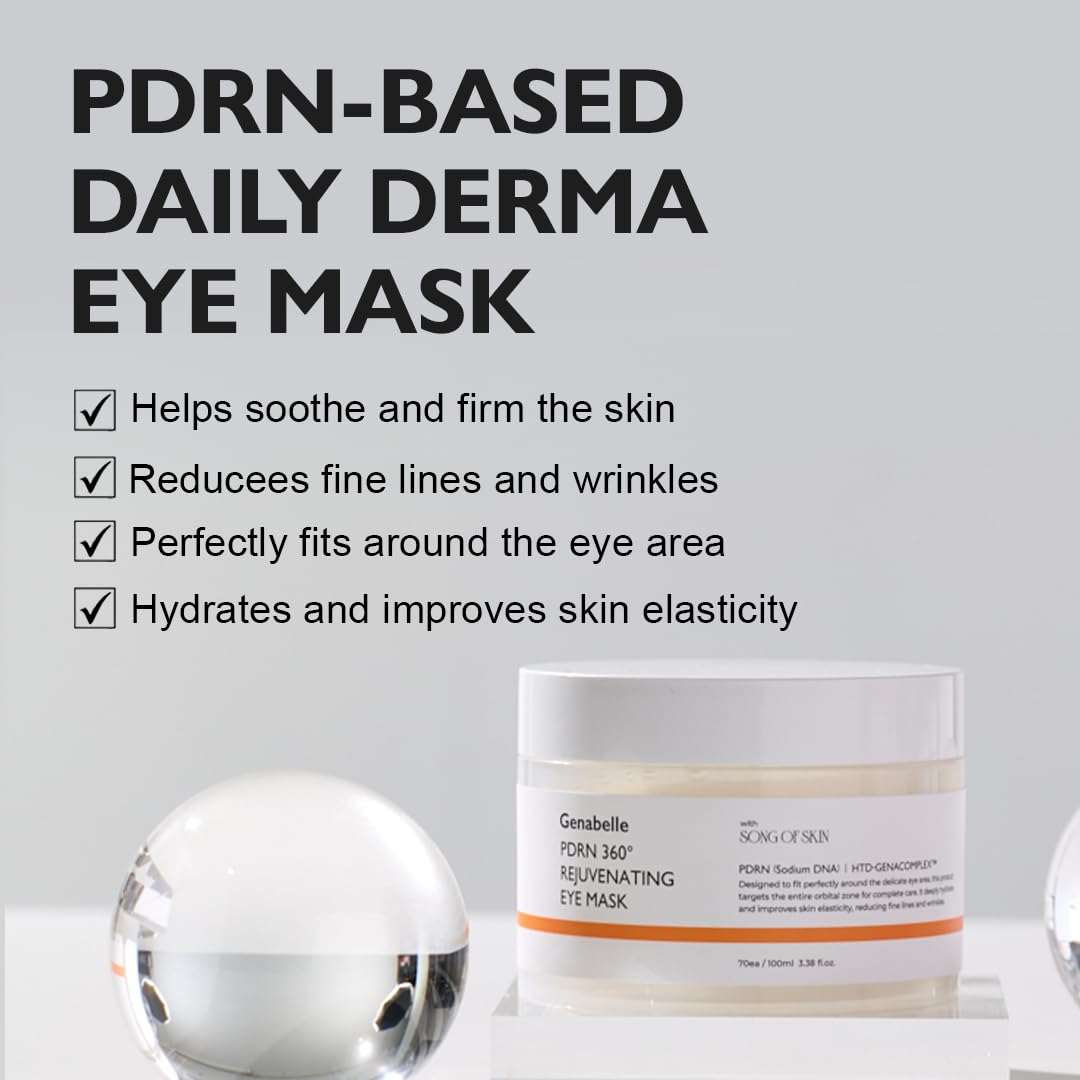 Genabelle PDRN 360 Rejuvenating Eye Mask in white jar with black and orange text, hydrating and firming eye treatment cream.