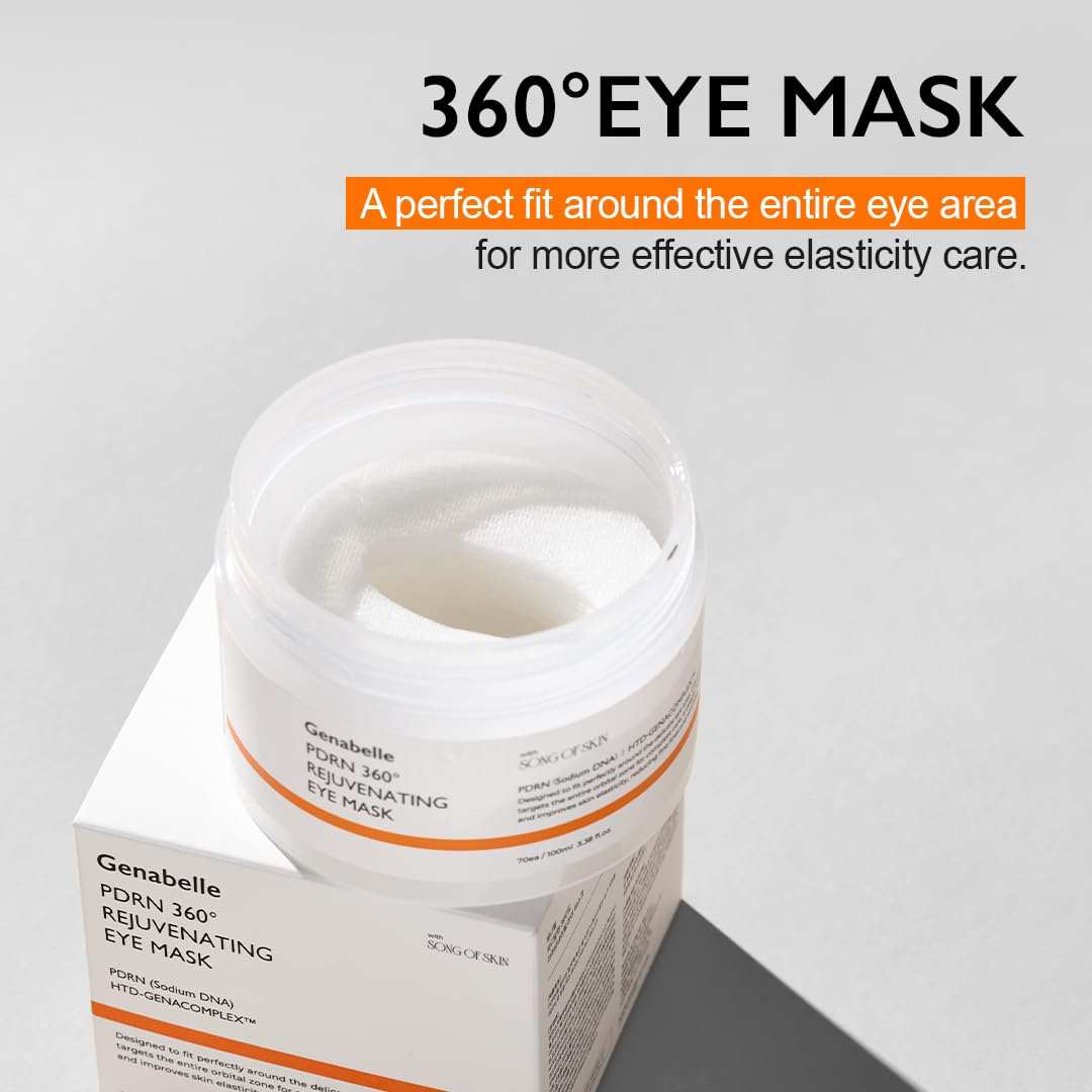 Genabelle PDRN 360 Rejuvenating Eye Mask in a white round jar with orange accents and a soft gel sheet visible inside the open container.