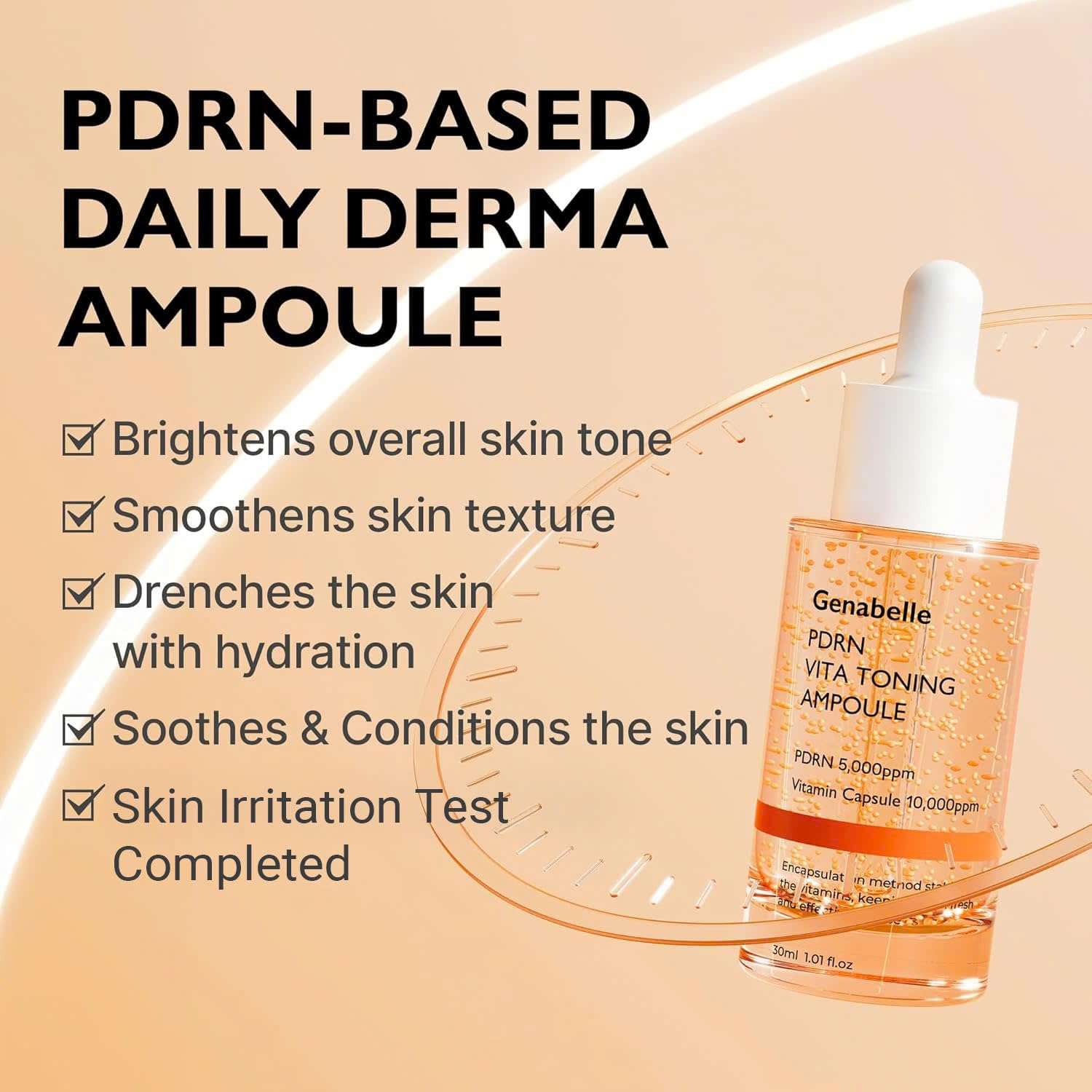 Genabelle PDRN Vita Toning Ampoule in clear glass bottle with orange vitamin capsules, dropper cap, and hydration benefits text