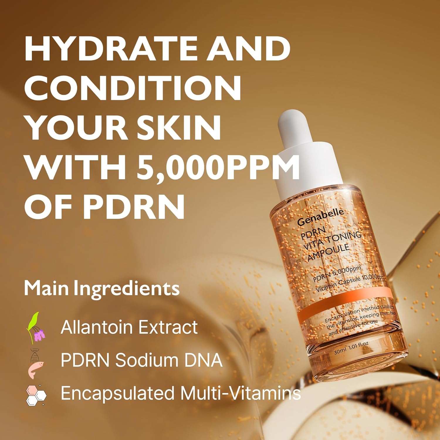 Genabelle PDRN Vita Toning Ampoule with visible encapsulated vitamin beads in clear amber liquid in a dropper bottle for skin hydration and conditioning
