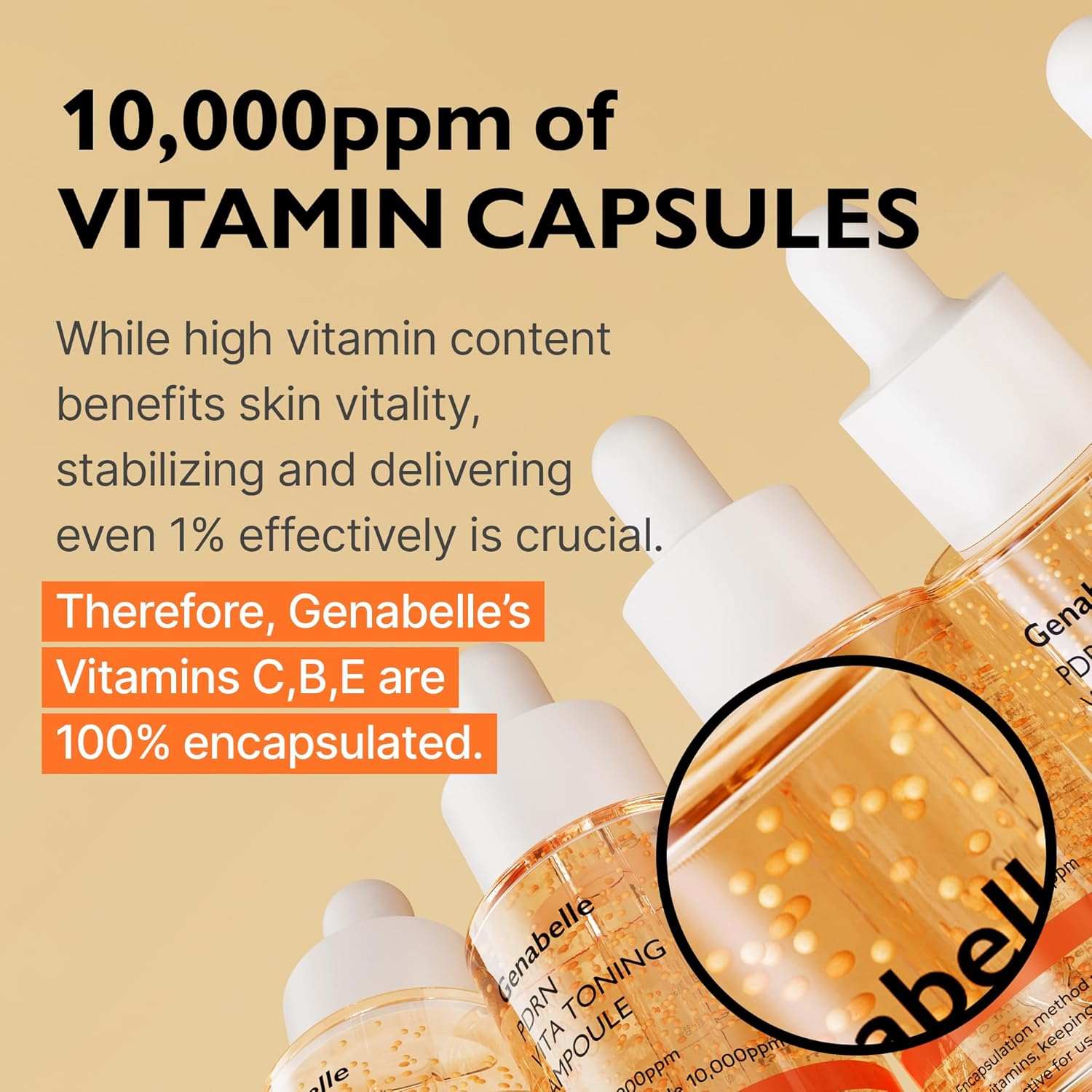 Genabelle PDRN Vita Toning Ampoule in clear bottles with orange vitamin capsules and white dropper caps visible inside.