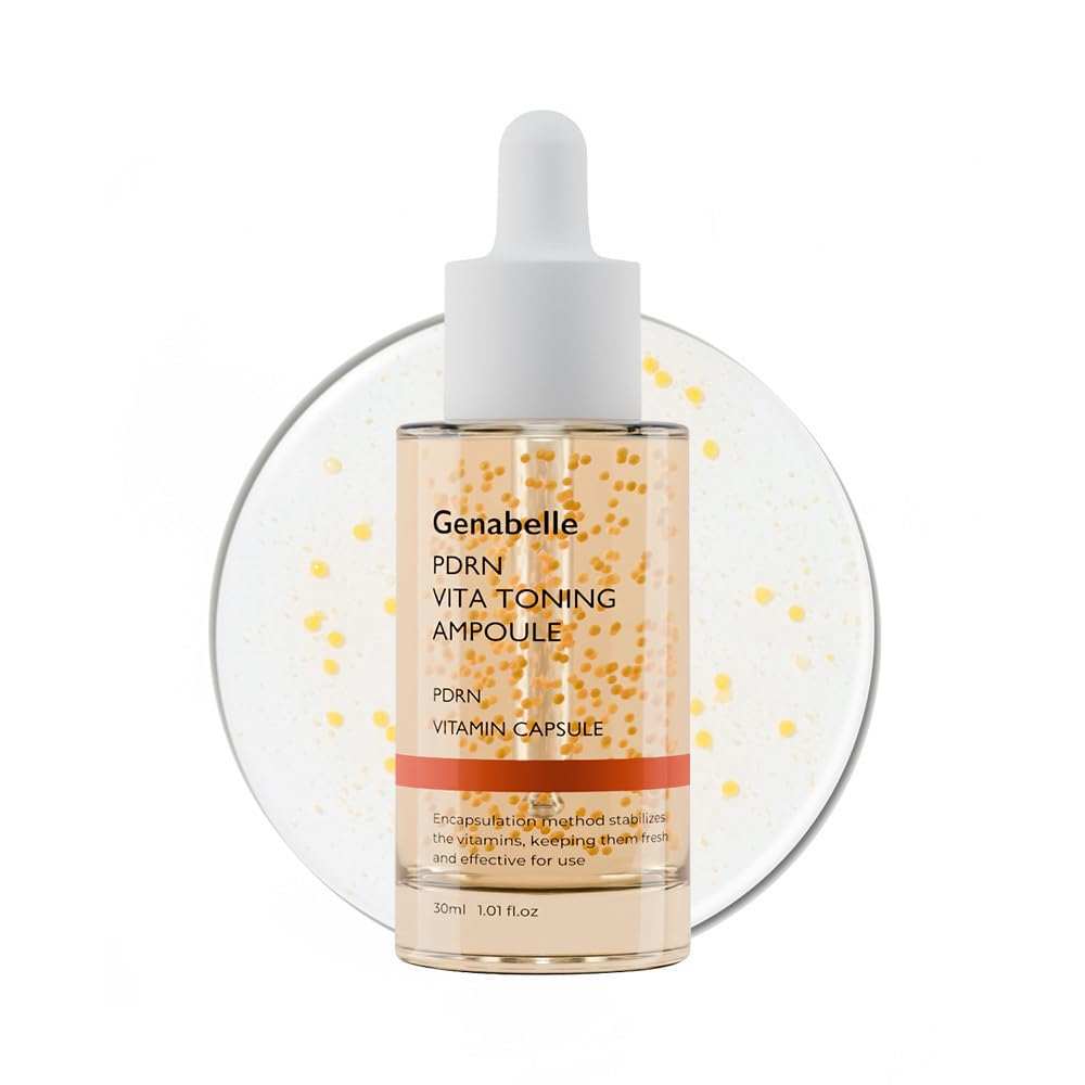 Genabelle PDRN Vita Toning Ampoule clear glass bottle with yellow vitamin capsules suspended in liquid and white dropper cap