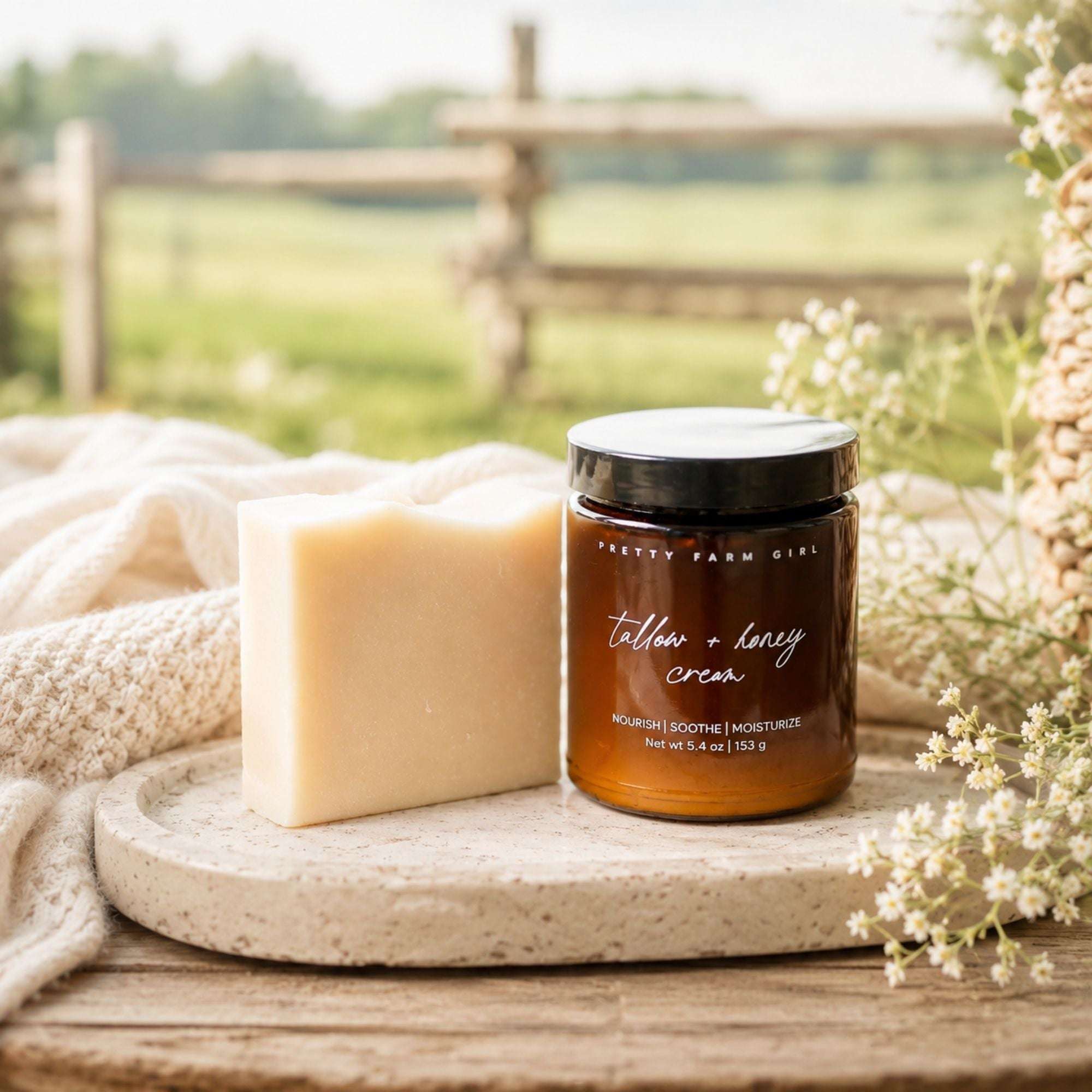 Gentle Care Duo for Mom + Baby with cream soap bar and amber glass jar of tallow and honey cream