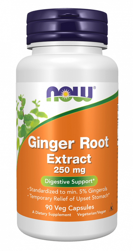 Ginger Root Extract bottle with a white container, dark purple cap, orange label, and 250 mg strength