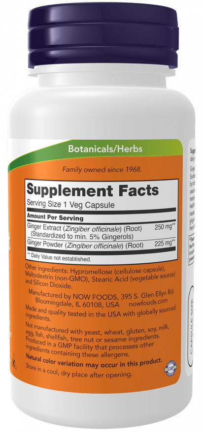 Ginger Root Extract supplement in a white bottle with a dark purple cap and orange, green and white label