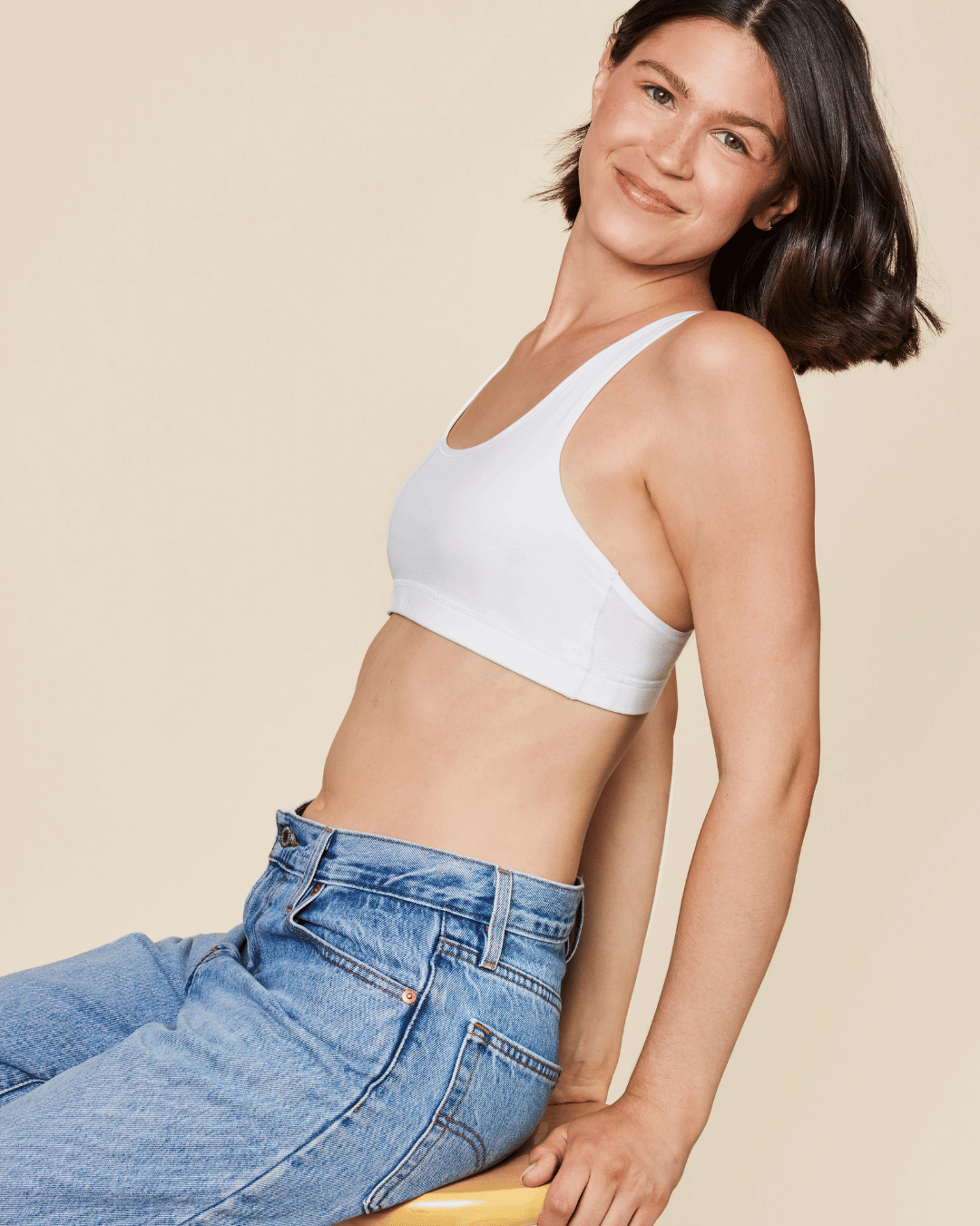Glide Cotton Racerback Bralette in white with a smooth, wide scoop neckline, broad straps and a fitted underband