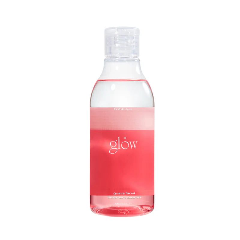 Glow Guava Facial Cleanser in clear plastic bottle with pink label, dual-layer clear and pink gel cleanser inside, 190mL size.