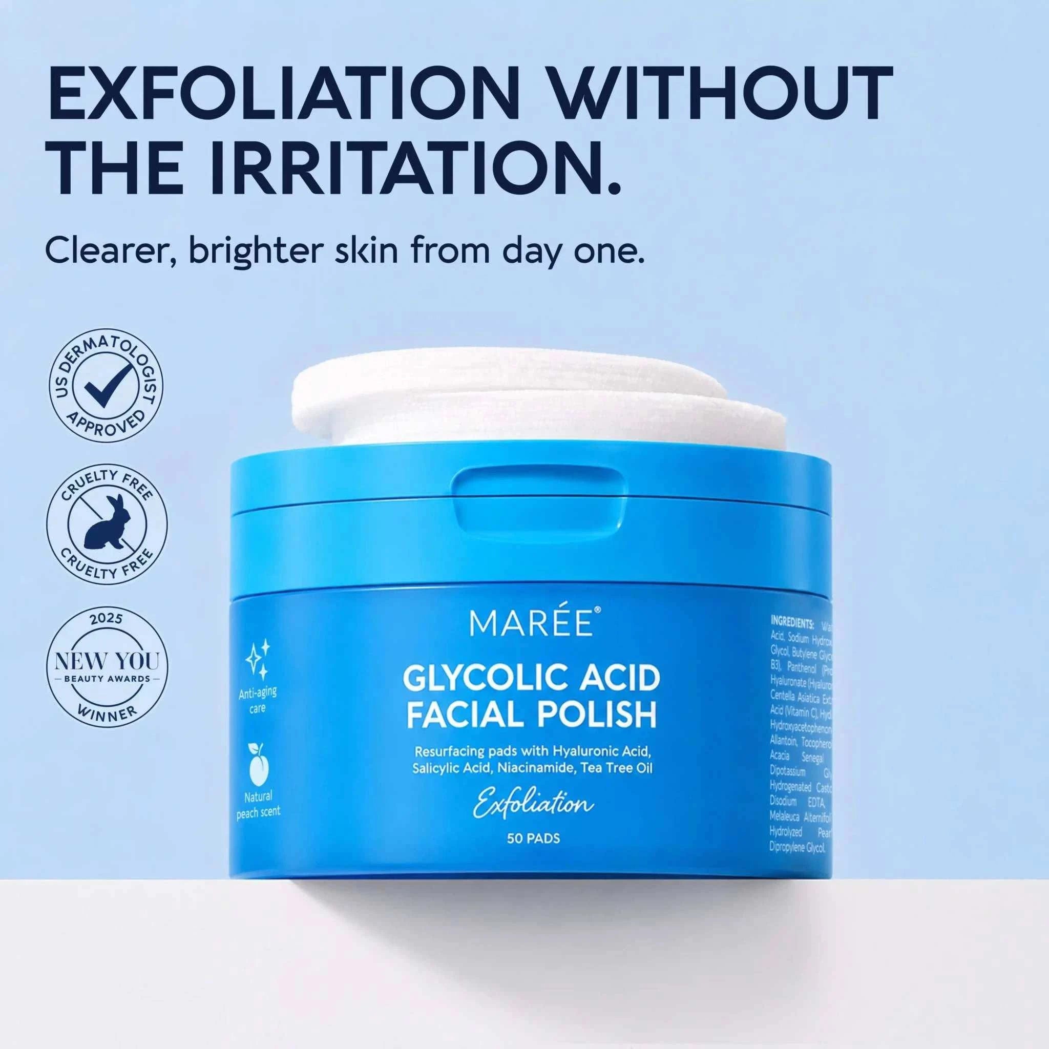 Glycolic acid exfoliating pads for glowing, smooth skin