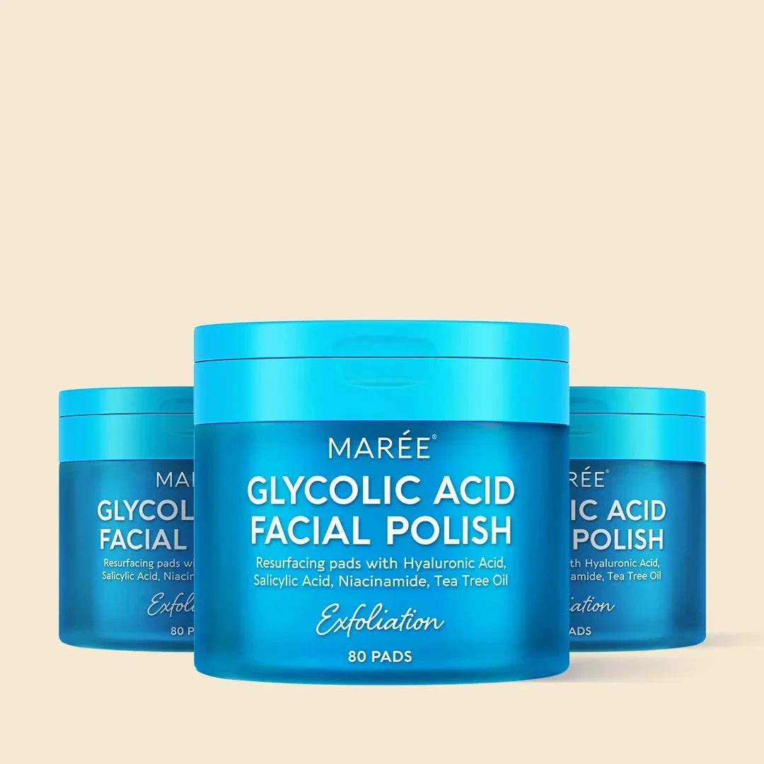 Glycolic Acid Pads in bright blue jars, labeled facial polish exfoliation with 80 pads per jar