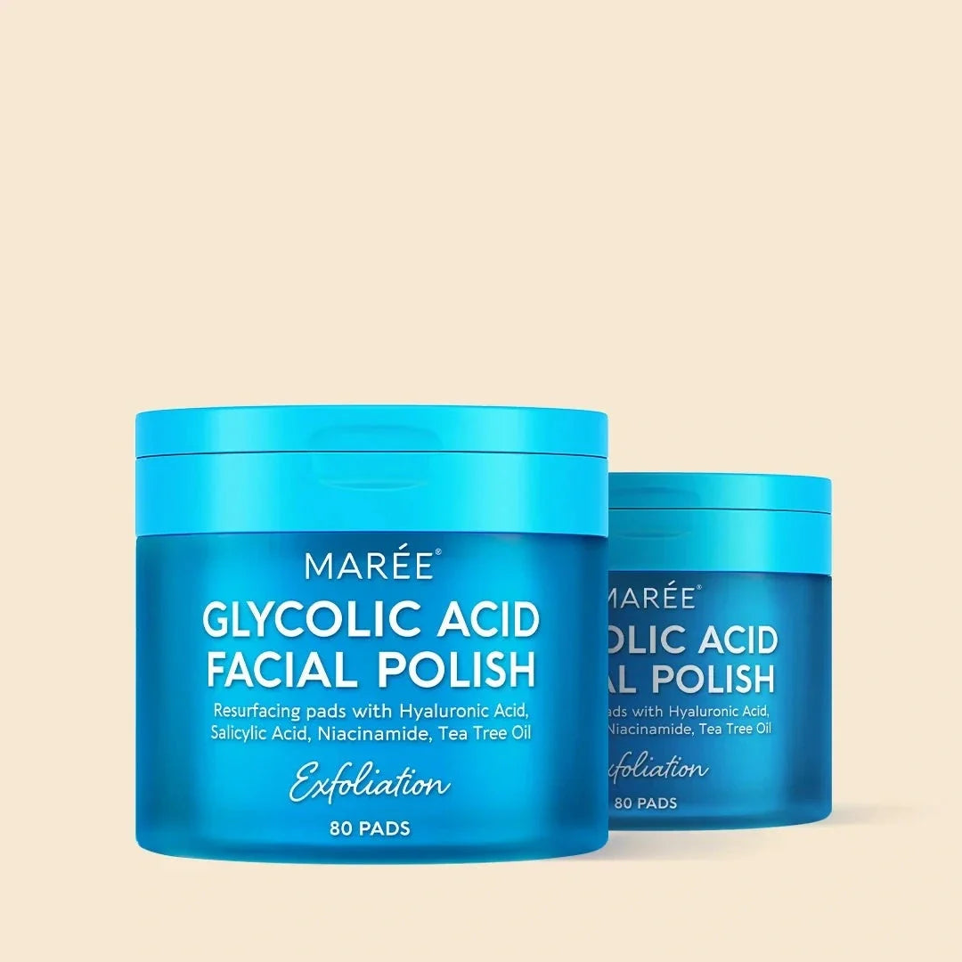 Glycolic Acid Pads in bright blue MARÉE tubs, labeled Glycolic Acid Facial Polish with exfoliating pads inside