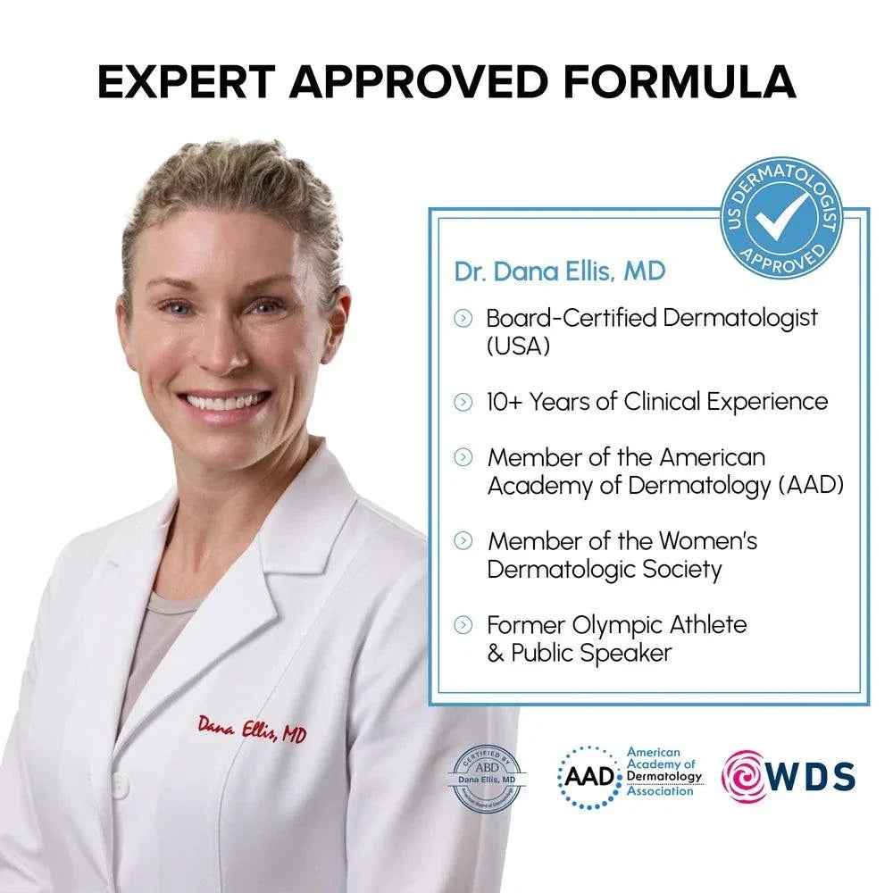 Glycolic Acid Pads expert-approved formula graphic with dermatologist Dana Ellis in a white coat and credentials