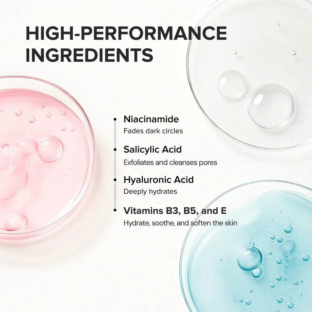 Glycolic Acid Pads ingredient graphic listing niacinamide, salicylic acid, hyaluronic acid, and vitamins B3, B5, and E