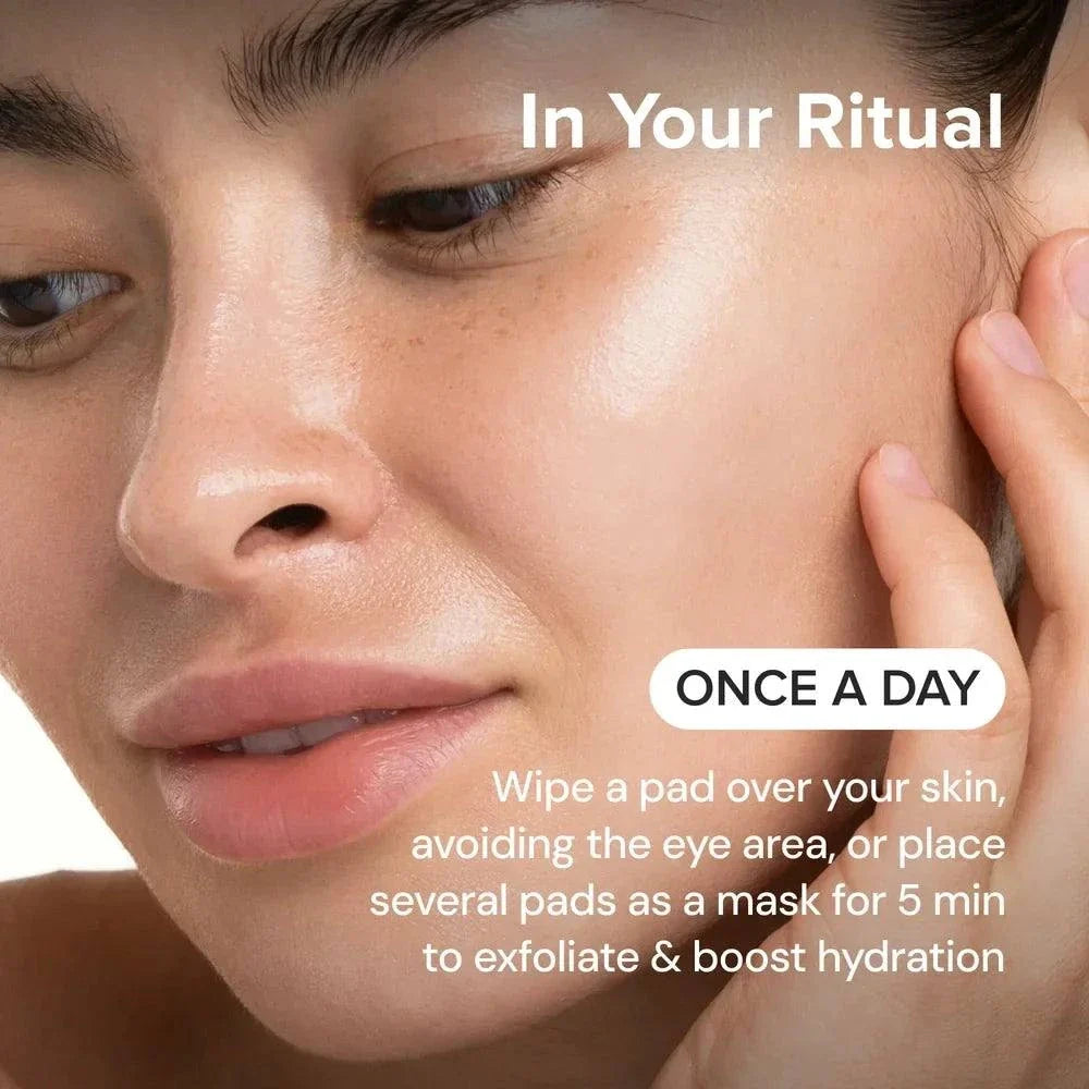 Glycolic Acid Pads skincare use shown on a person's cheek, with text advising once-daily application to exfoliate and hydrate