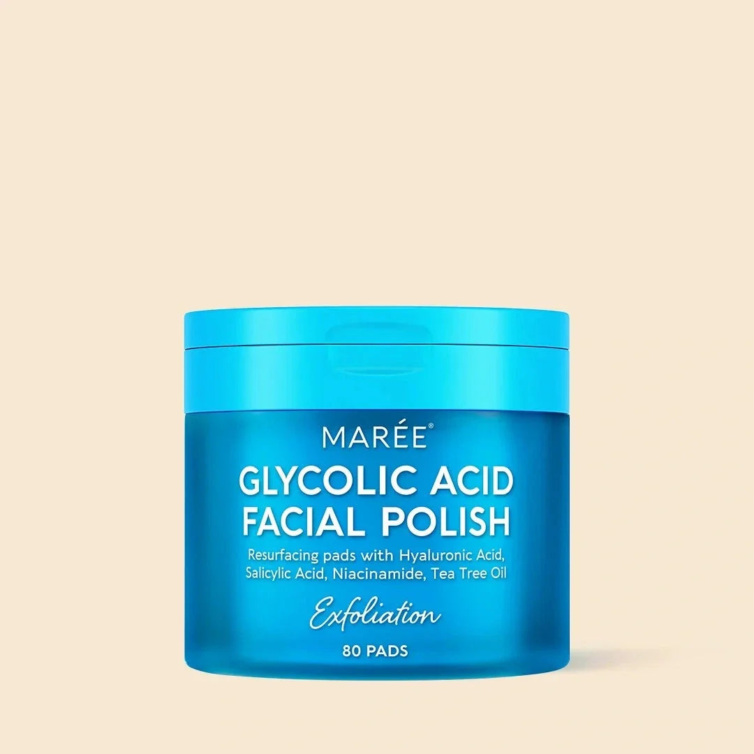 Glycolic Acid Pads in a bright turquoise jar labeled facial polish and exfoliation, with 80 pads inside