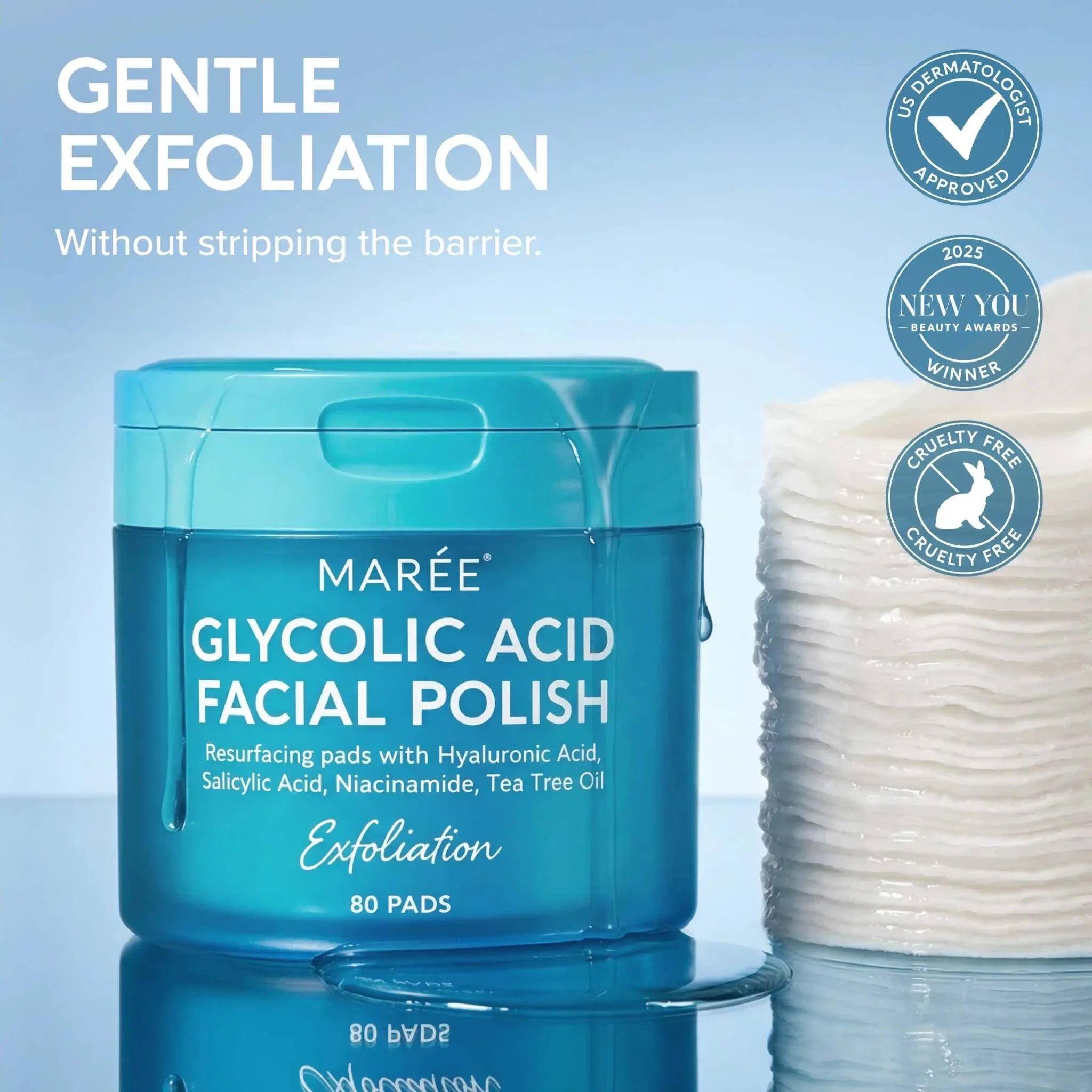 Glycolic Acid Pads in a turquoise jar with a matching lid, labeled facial polish and 80 pads, beside stacked white pads