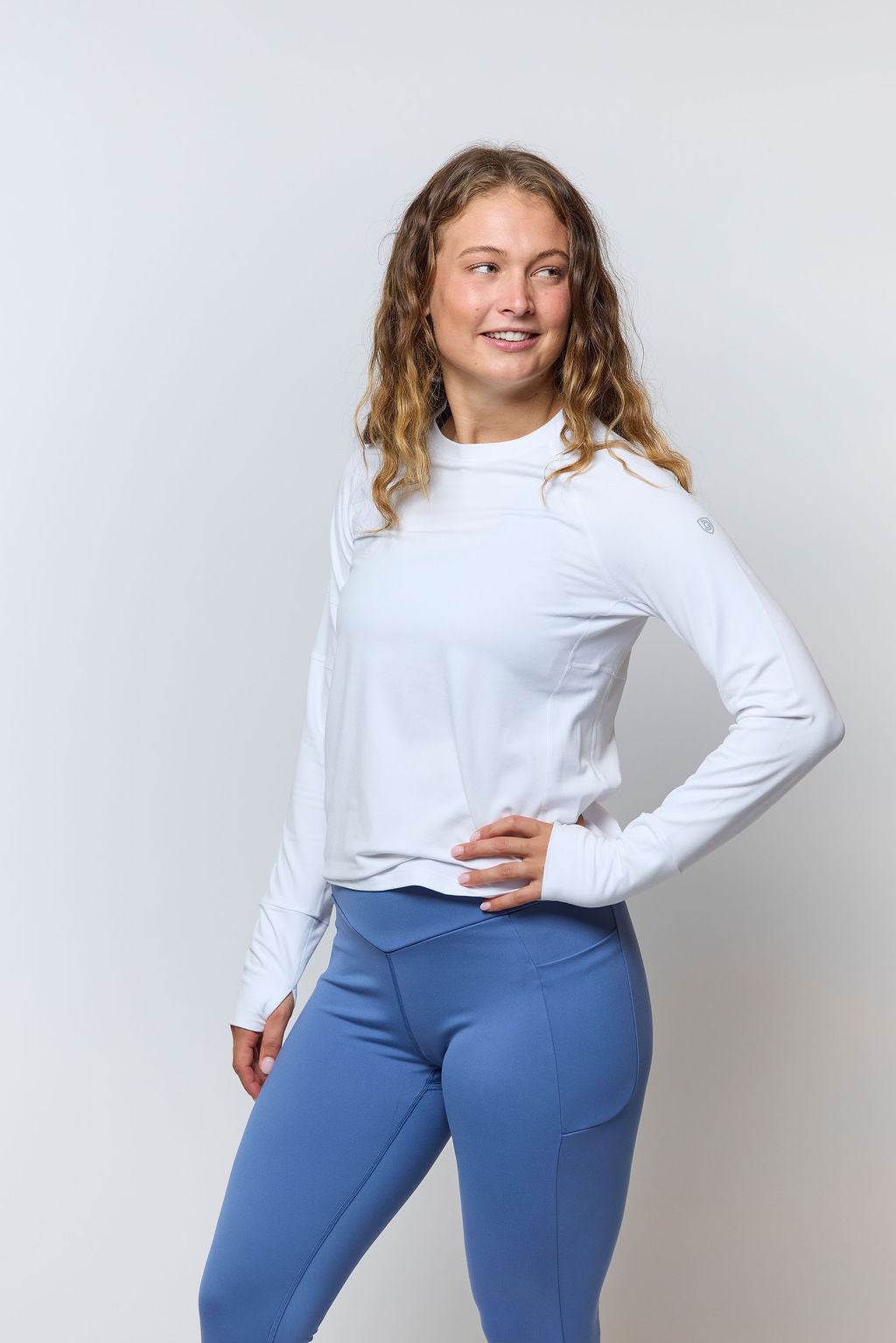 Go Again Full Length Legging in solid blue stretch fabric with a high-rise waistband and sleek, supportive fit