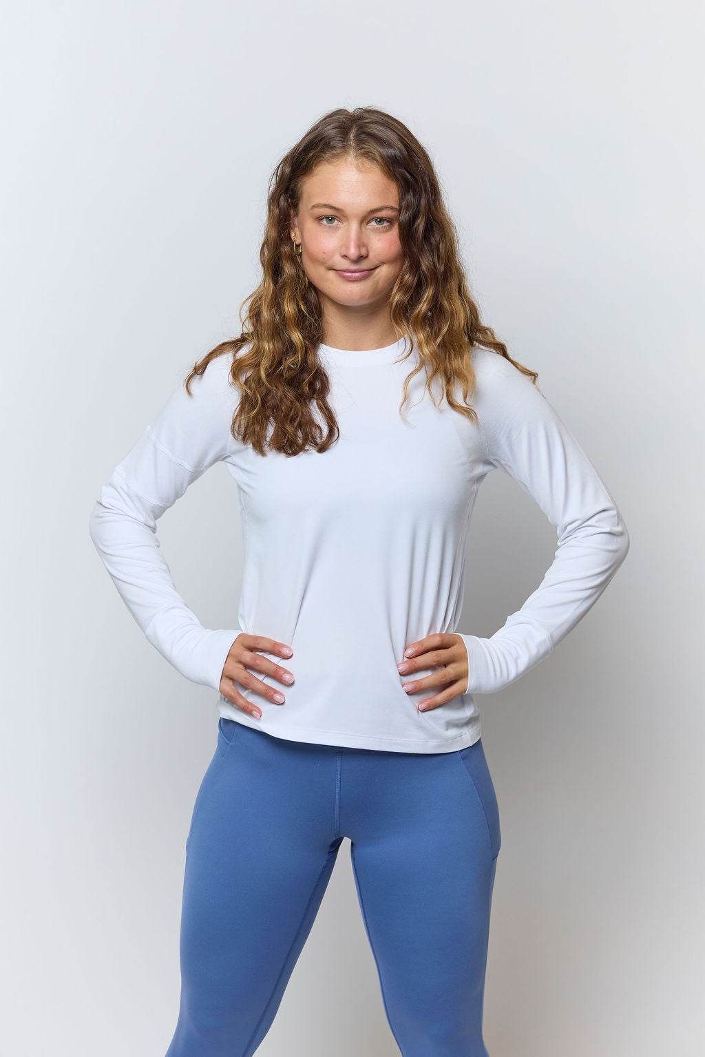 Go Again Full Length Legging in solid blue stretch fabric, featuring a high-rise waistband and sleek full-length fit.