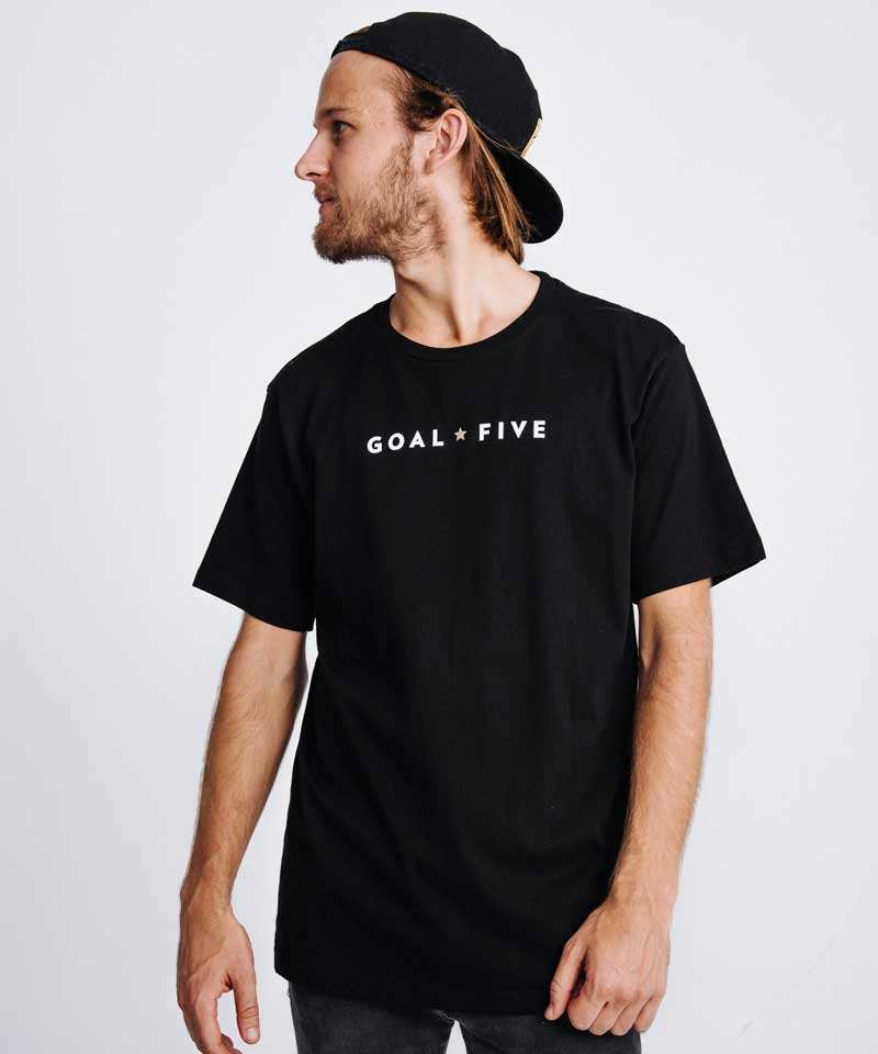 Goal Five Men's Black Cotton T-Shirt with short sleeves and white GOAL FIVE lettering across the chest