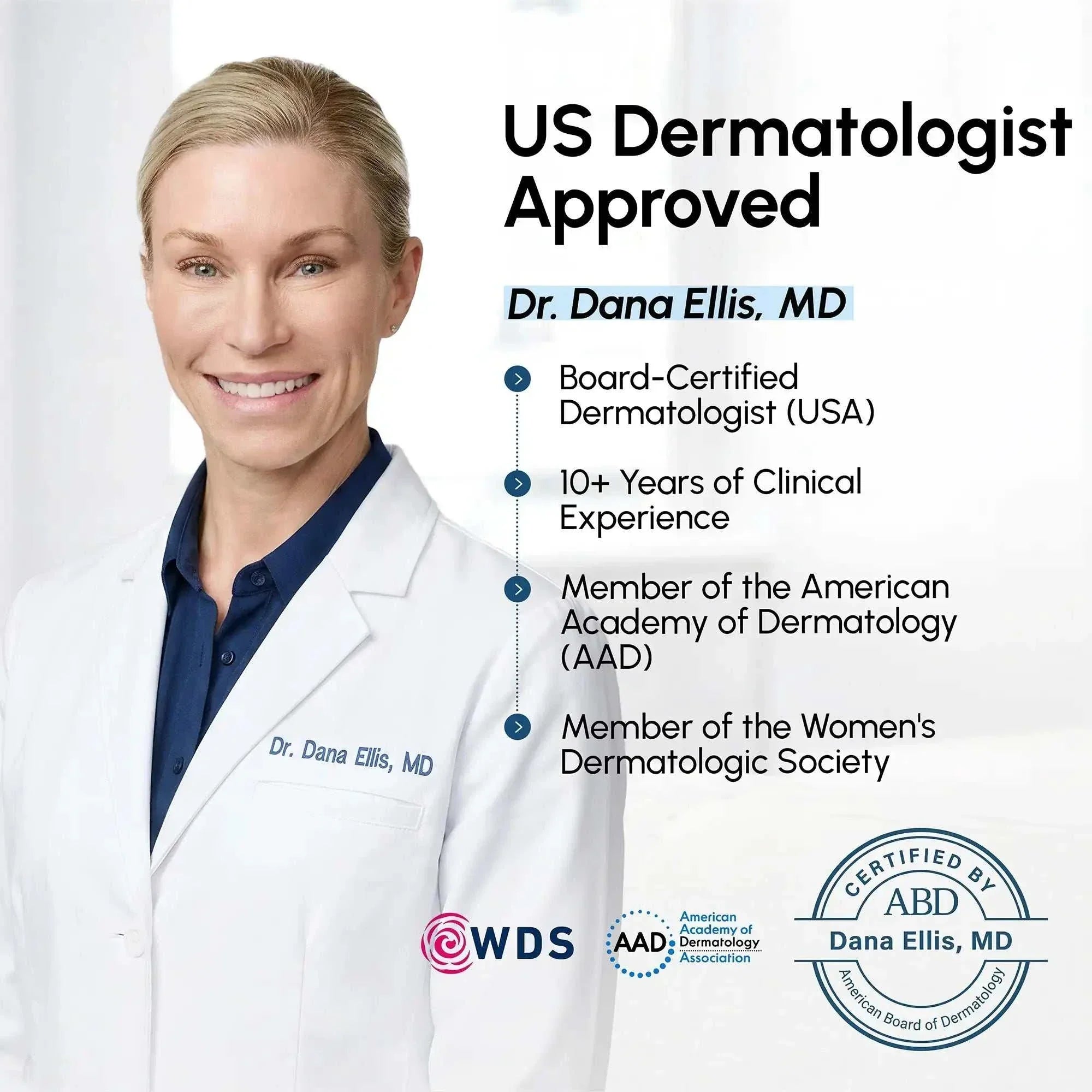 Gold Star Pimple patches are not visible; this image shows a dermatologist in a white coat beside approval credentials.