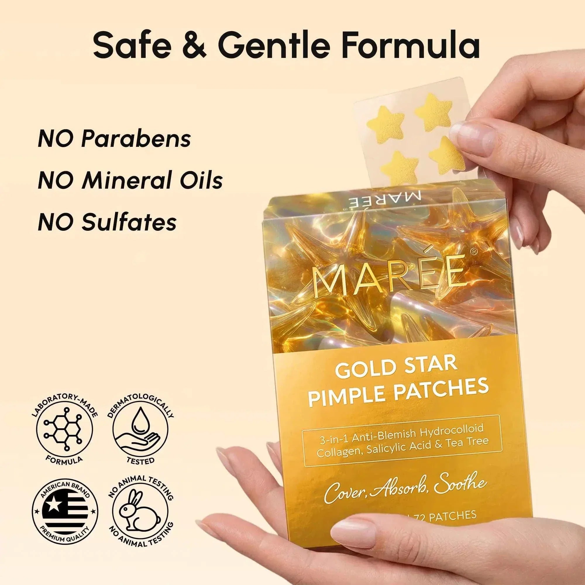 Gold Star Pimple patches in translucent gold hydrocolloid, with star-shaped designs and glossy gold packaging.