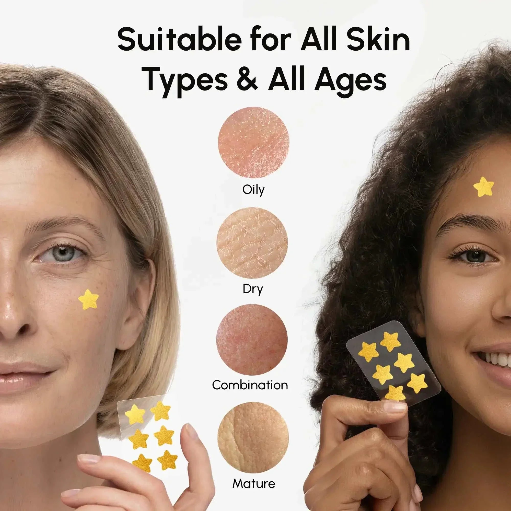 Gold Star Pimple patches in bright gold star shapes, shown on diverse skin tones and on a clear sheet held by two models.