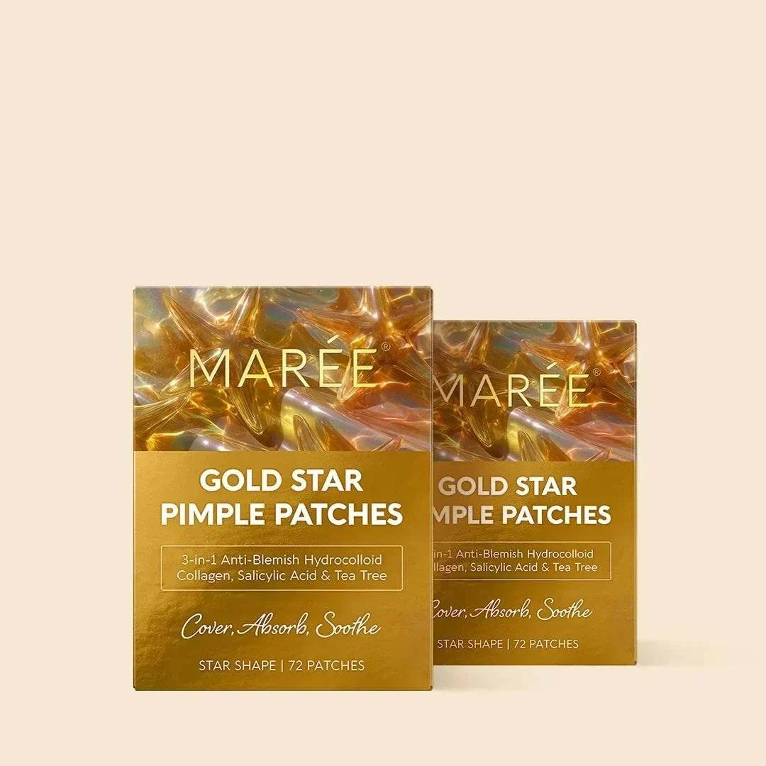 Gold Star Pimple patches in gold packaging, with a metallic star pattern and 72 star-shaped hydrocolloid patches
