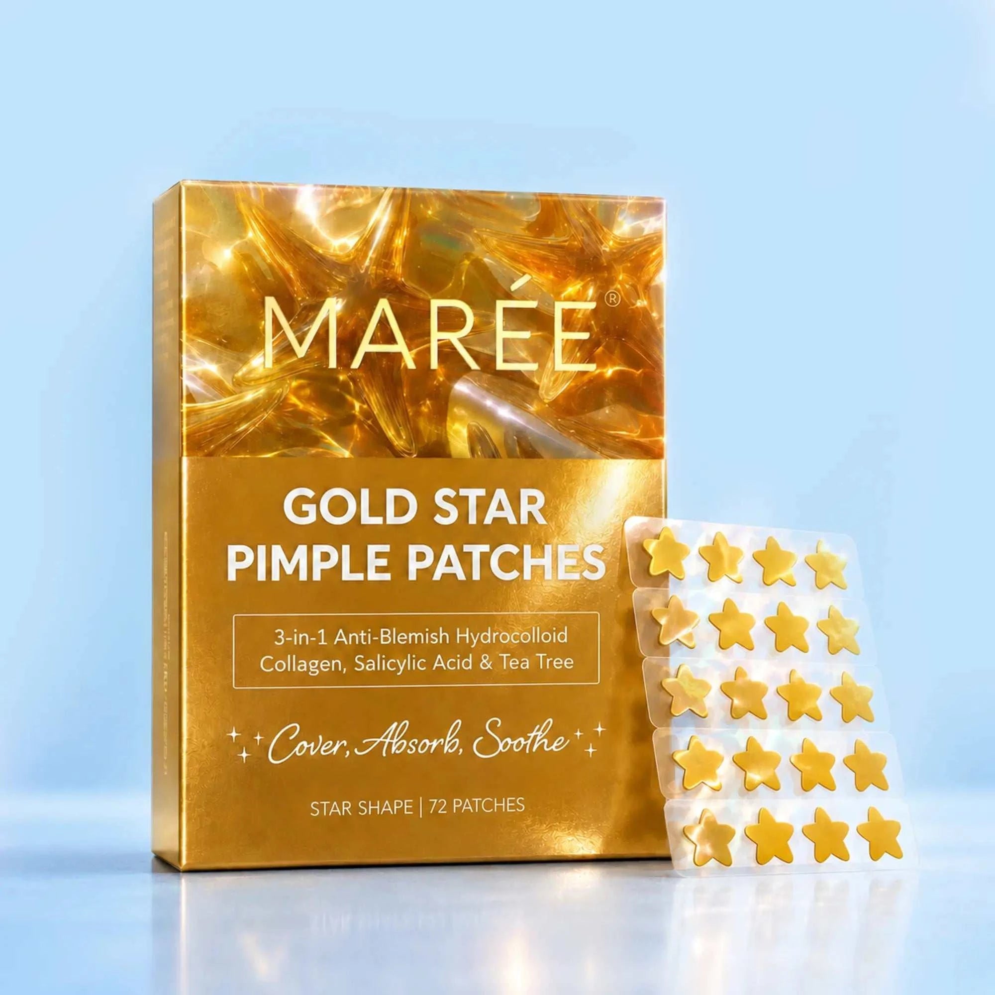 Gold Star Pimple patches in shiny gold star shapes on a clear sheet beside metallic gold packaging
