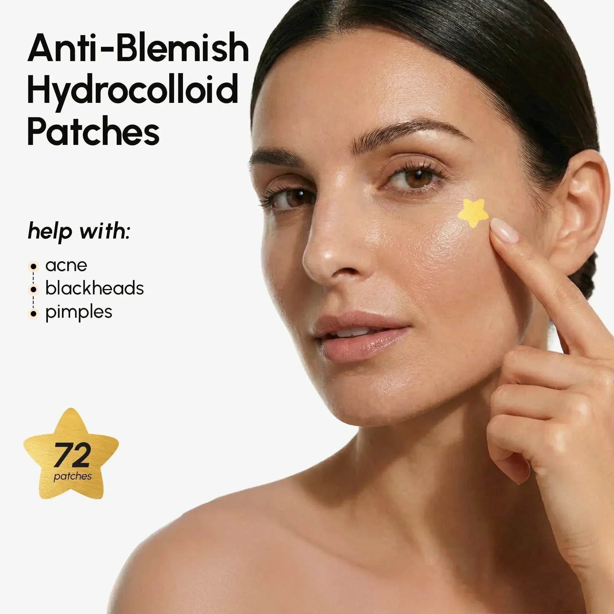 Gold Star Pimple patches in bright yellow star shapes, shown on a cheek to cover blemishes.
