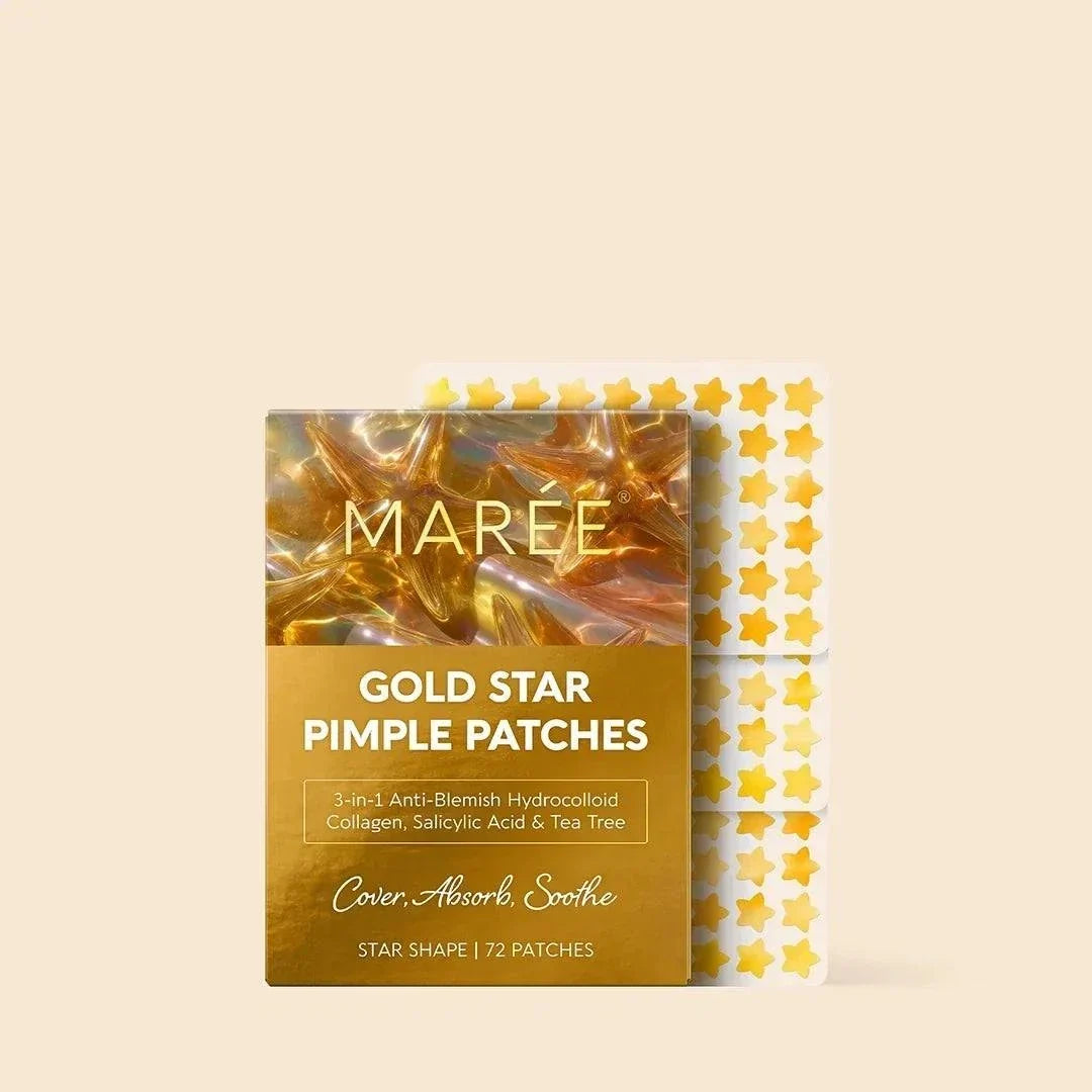 Gold Star Pimple patches with metallic gold star shapes on translucent sheets, packaged in a gold and brown box.