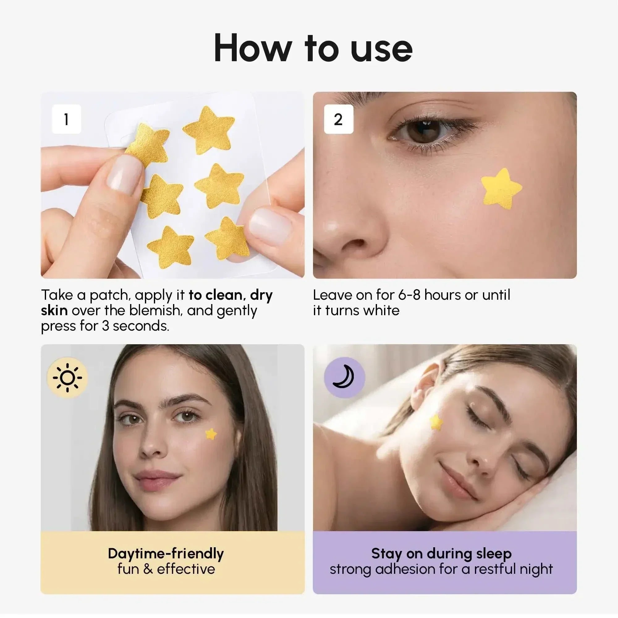 Gold Star Pimple patches are small, metallic gold star-shaped stickers shown on fingers and applied to skin.
