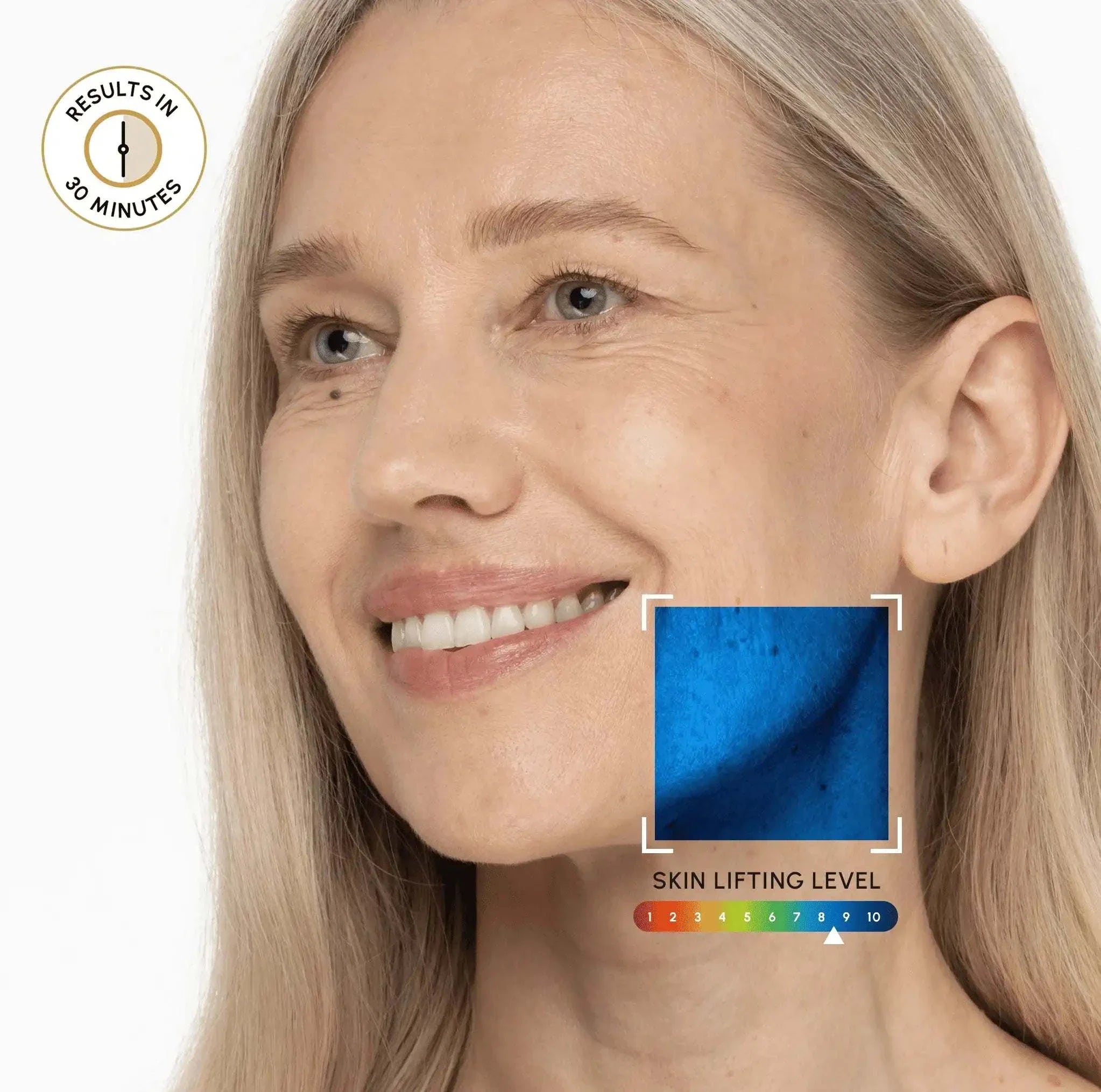 Gold V-Line Lifting Mask shown as a blue hydrogel patch held against a woman's lower cheek and jawline