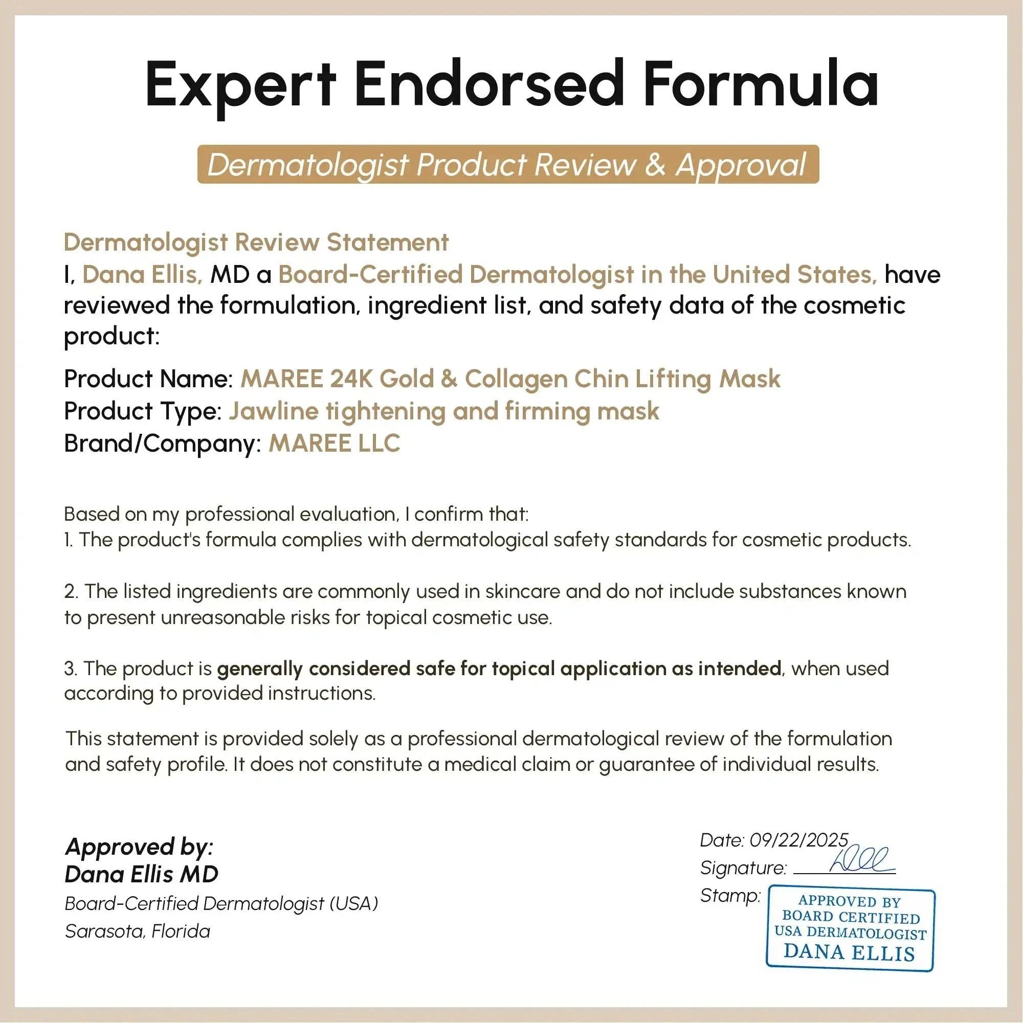 Gold V-Line Lifting Mask packaging with dermatologist endorsement, featuring a white and beige certificate-style design