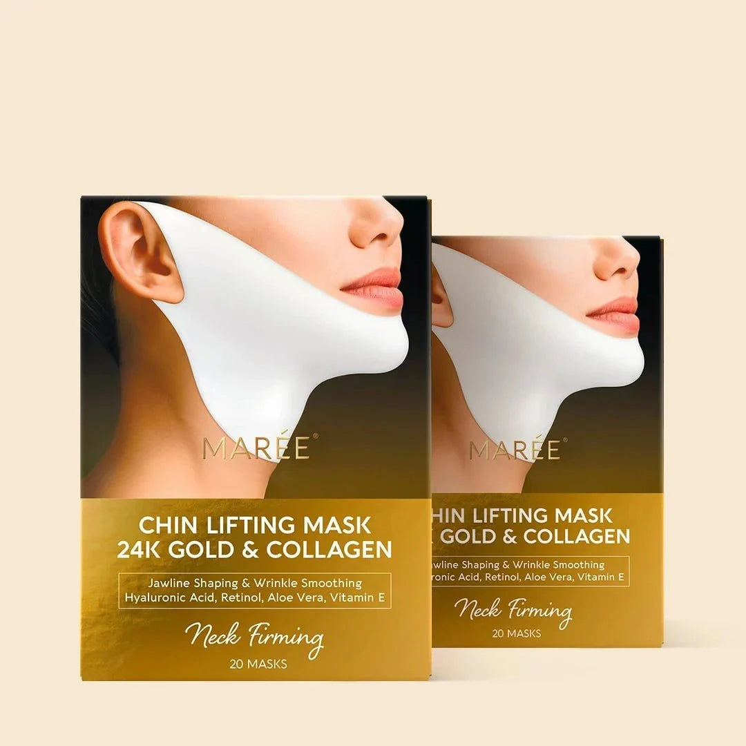 Gold V-Line Lifting Mask in gold and black packaging, featuring a white chin and neck mask illustration and 24K gold collagen text