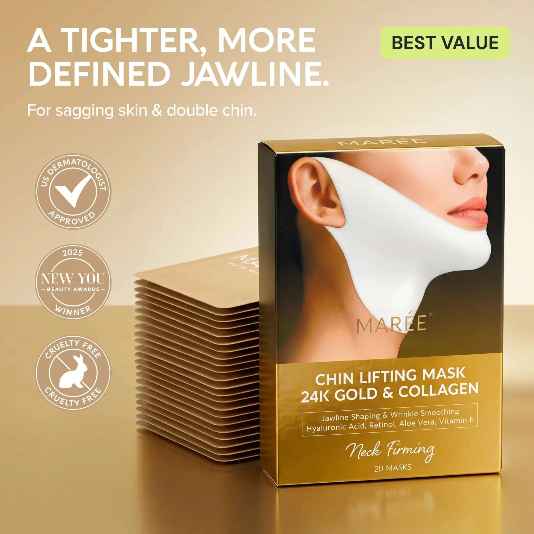 Gold V-Line Lifting Mask in a gold-and-black 24K gold and collagen package, with a white chin and neck mask pictured