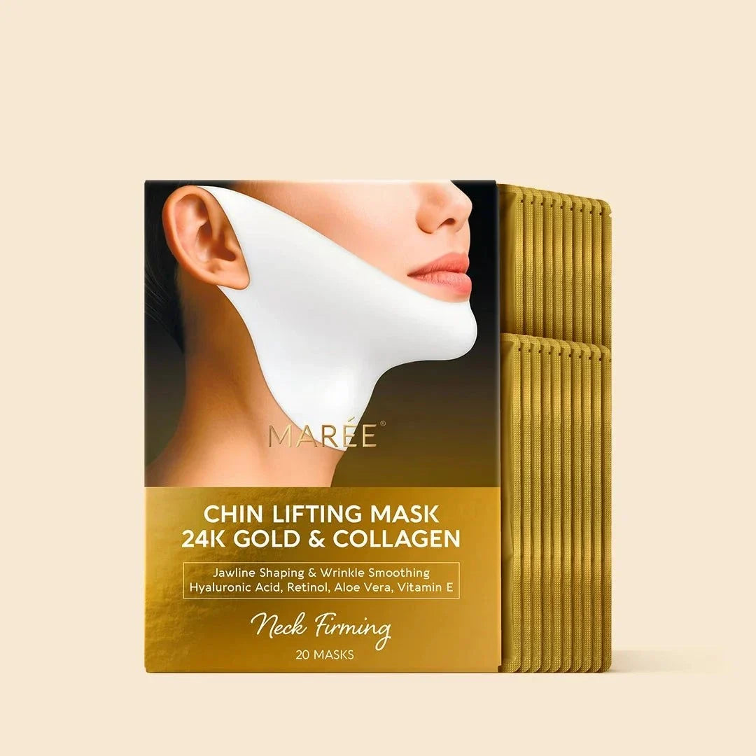 Gold V-Line Lifting Mask with a white chin and jaw mask shown on gold packaging labeled 24K gold and collagen