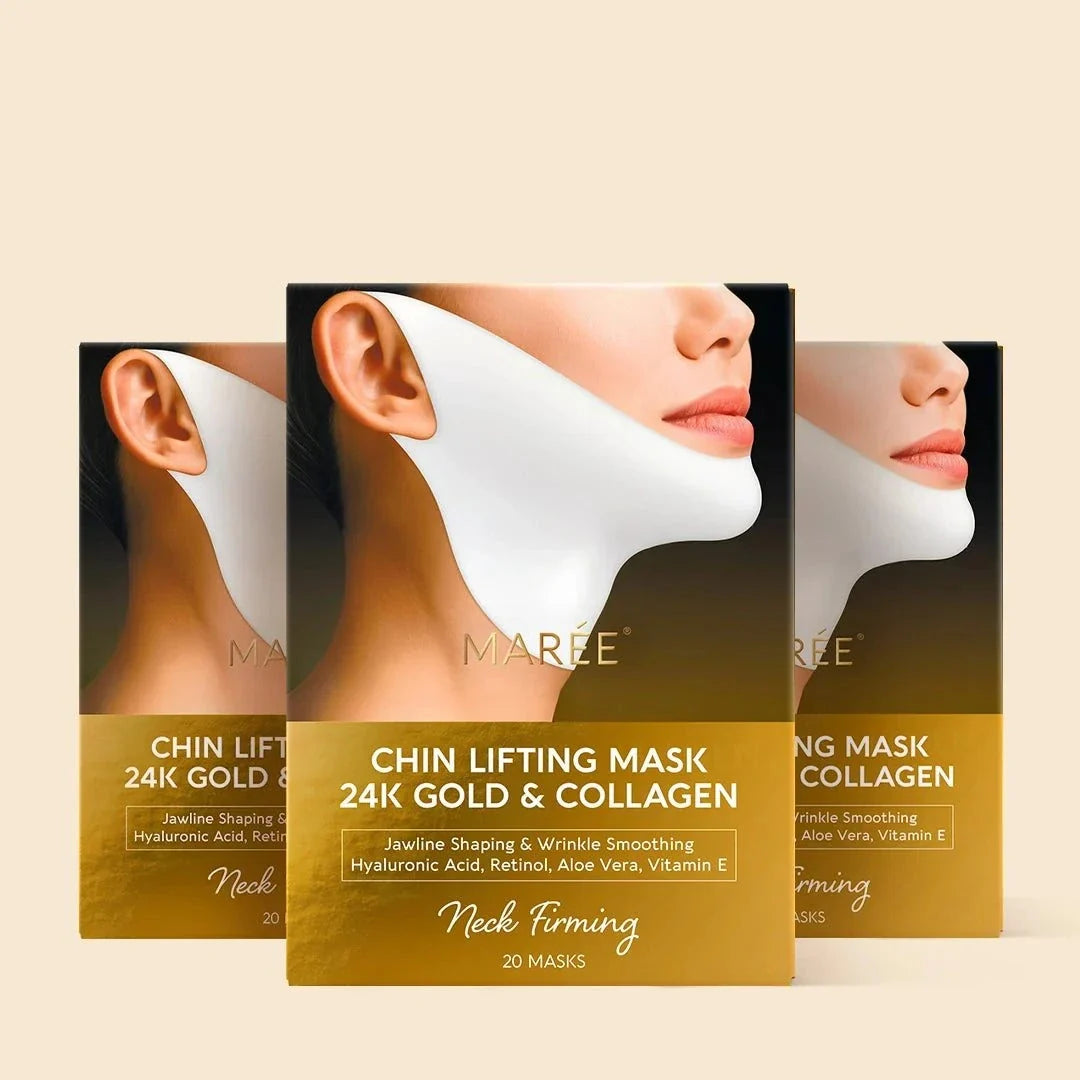 Gold V-Line Lifting Mask packaging with a white chin and neck mask illustration, gold-and-black box, and 24K gold collagen label